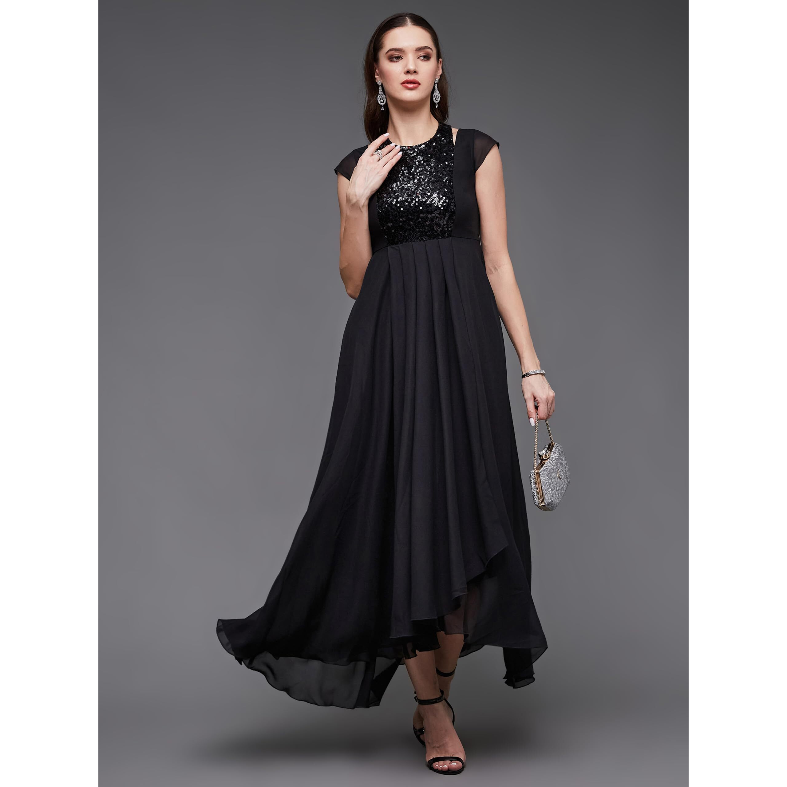 Miss Chase Women's Halter Neck Cap Sleeve Solid Pleated Embellished Georgette Maxi Dress With Pockets (Mcaw21D06-12-62-03, Black, S)