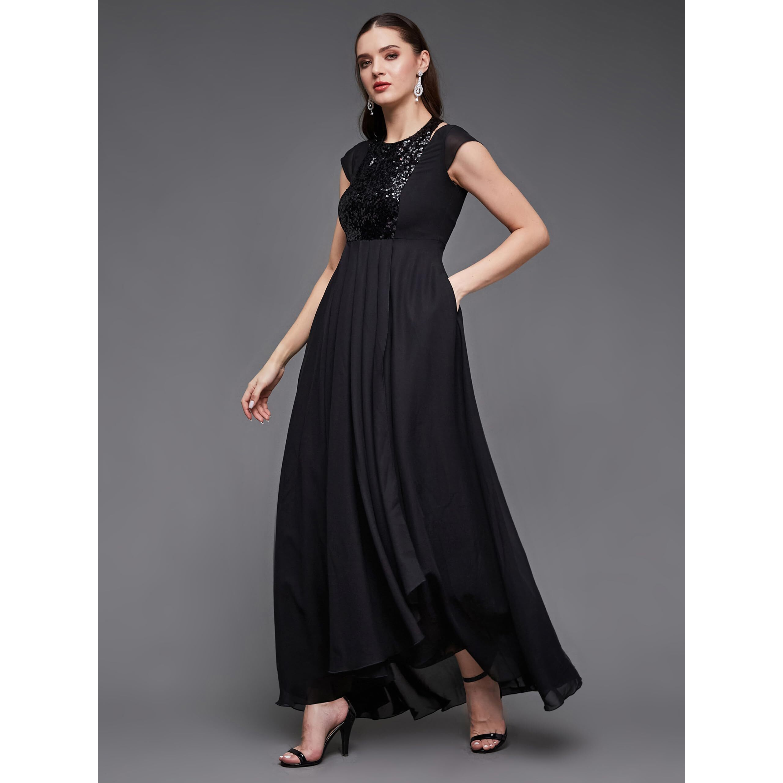 Miss Chase Women's Halter Neck Cap Sleeve Solid Pleated Embellished Georgette Maxi Dress With Pockets (Mcaw21D06-12-62-03, Black, S)