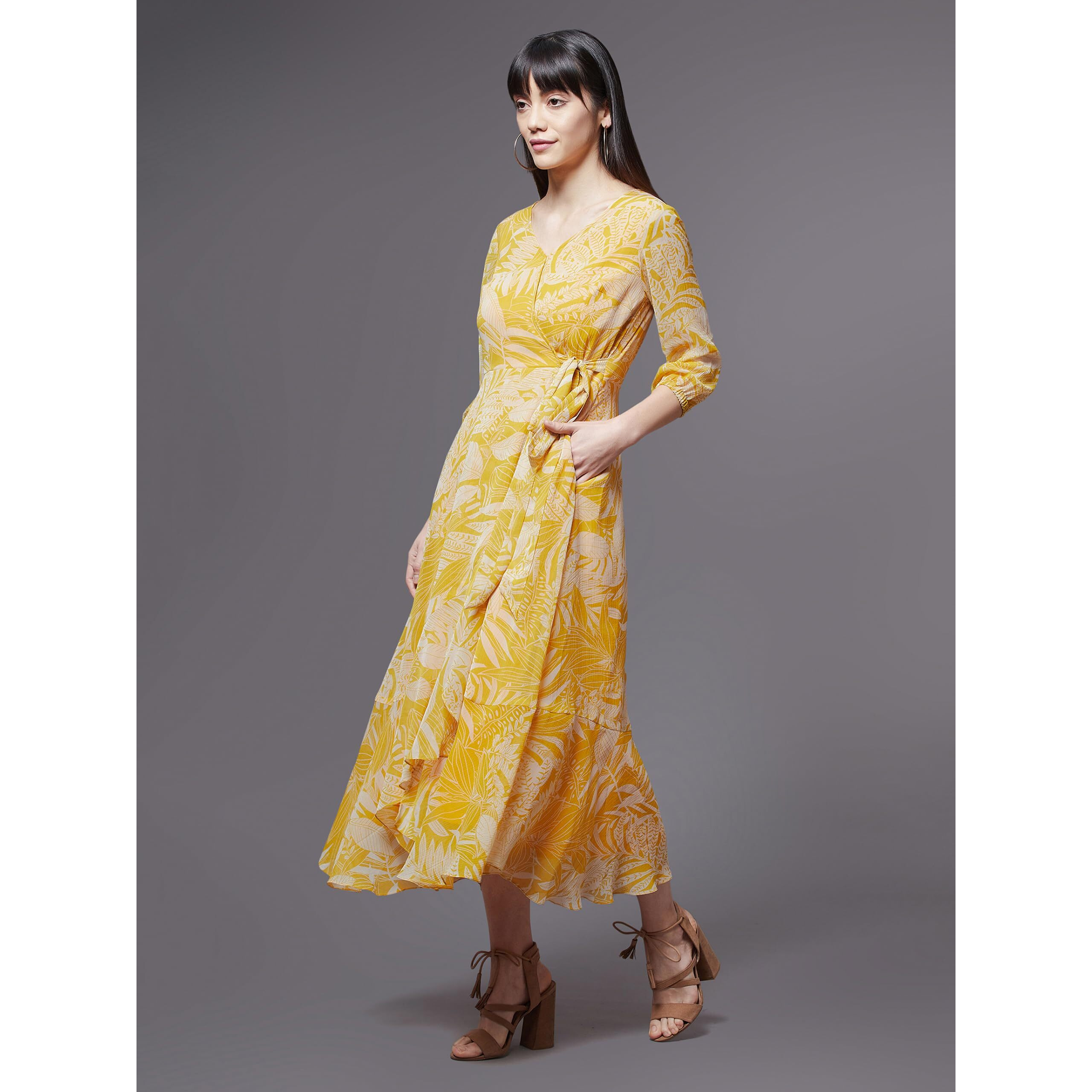 Miss Chase Women's V Neck Full Sleeve Floral Layered Maxi Dress With Pocket (Mcaw21D14-94-37-09, Yellow & White, 4Xl)