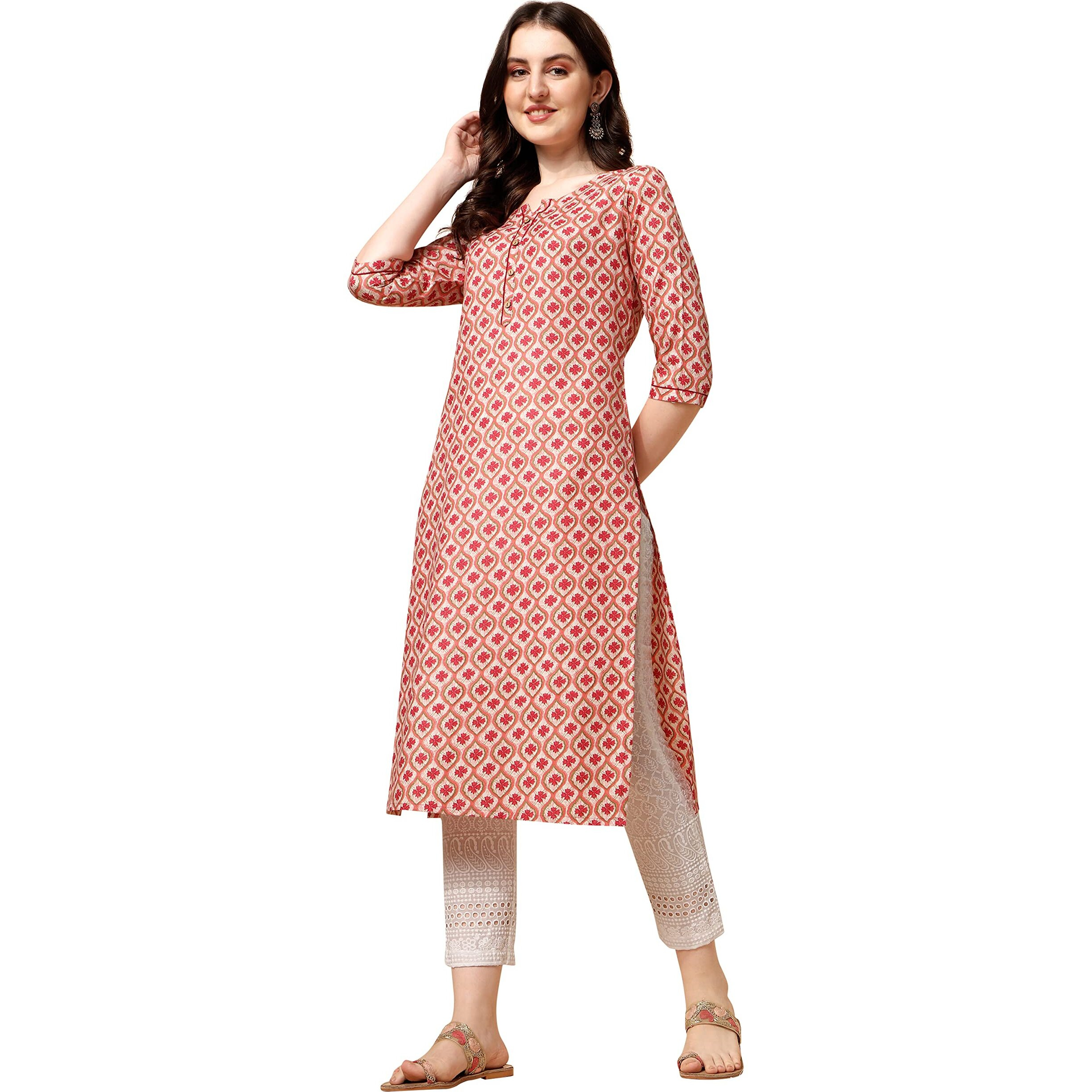 Nainvish Women's Cotton Blend Straight V-Neck Printed Kurta (Sd422_K-M_Red)