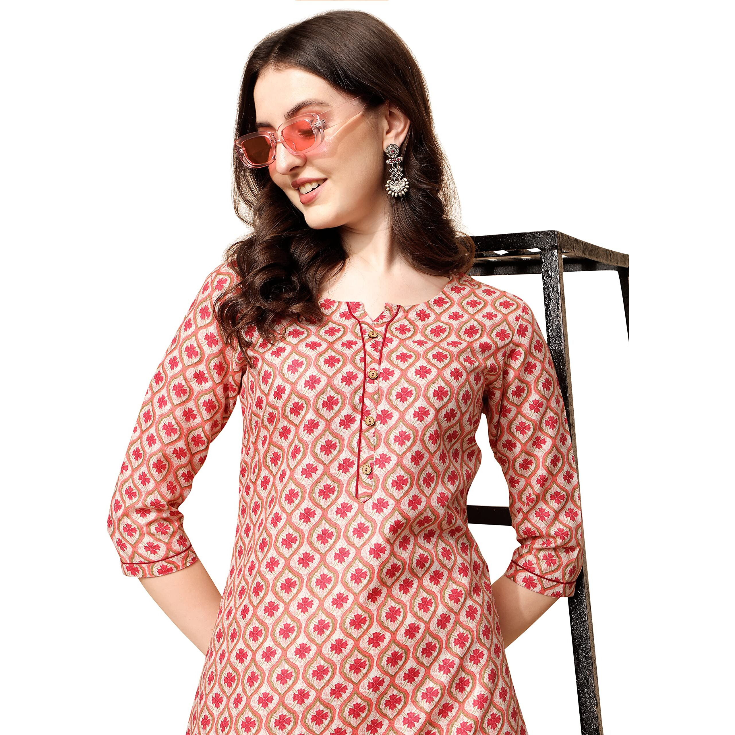 Nainvish Women's Cotton Blend Straight V-Neck Printed Kurta (Sd422_K-M_Red)