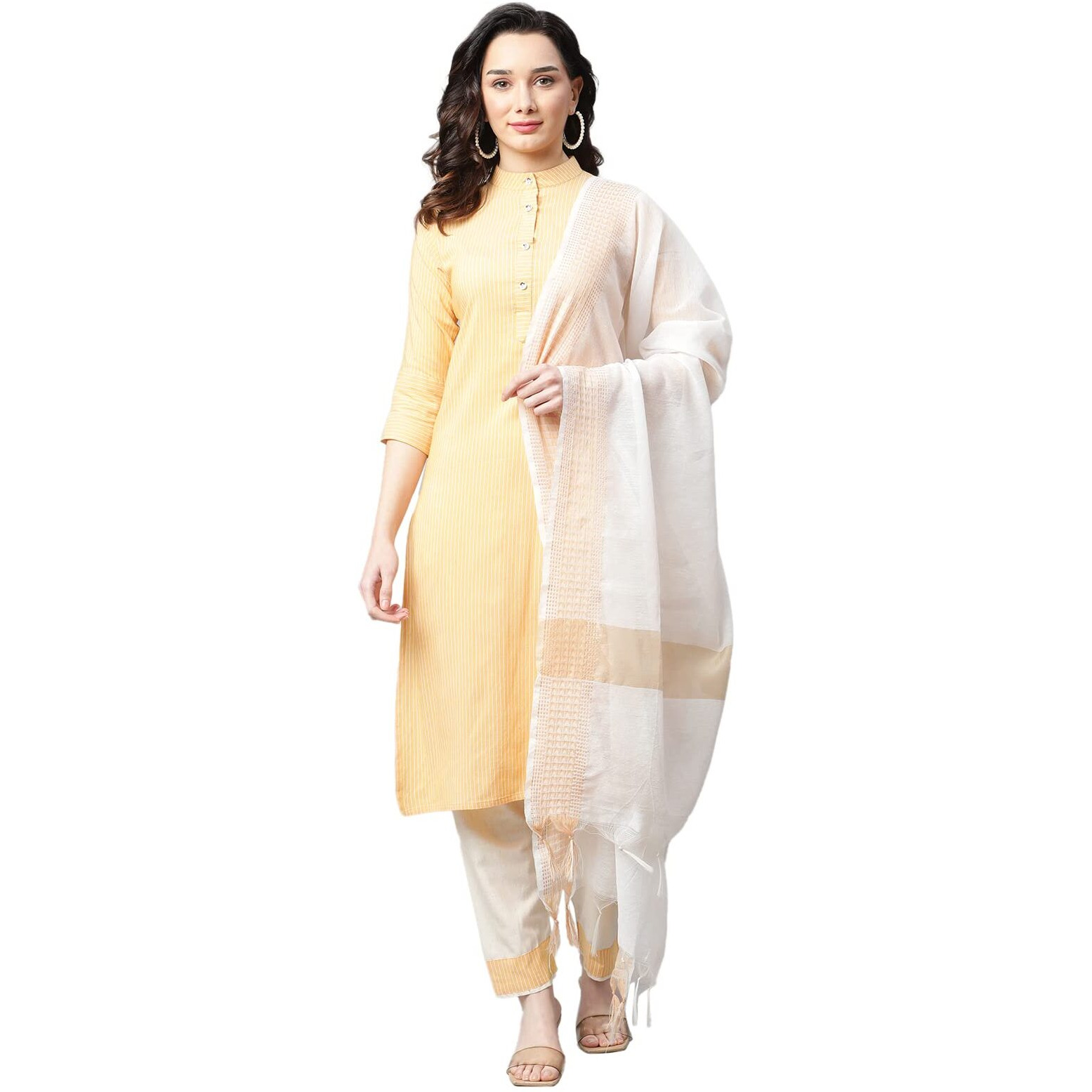 Om Sai Latest Creation Womens Cotton Blend Women Kurta Set With Duptta And Pant Regular Fit Straight (Oslc-K2622&P90&D35_Yellow_Xl)