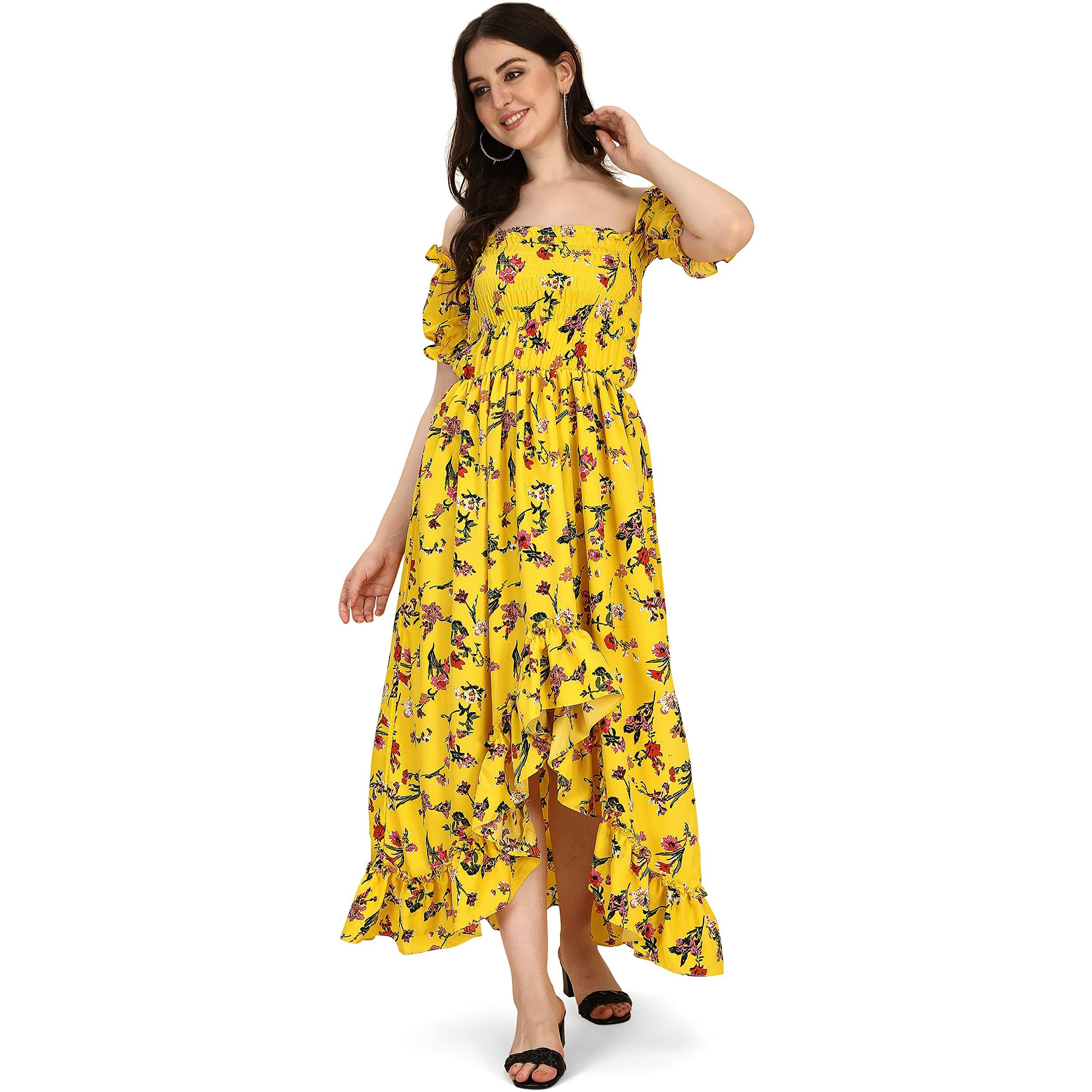 Oomph Flared Dress For Women Stylish | Long One Piece For Women | Off Shoulder Puff Sleeve Long Dress | Floral Print Maxi One Piece | Western & Fusion Wear Bohemian Style Yellow
