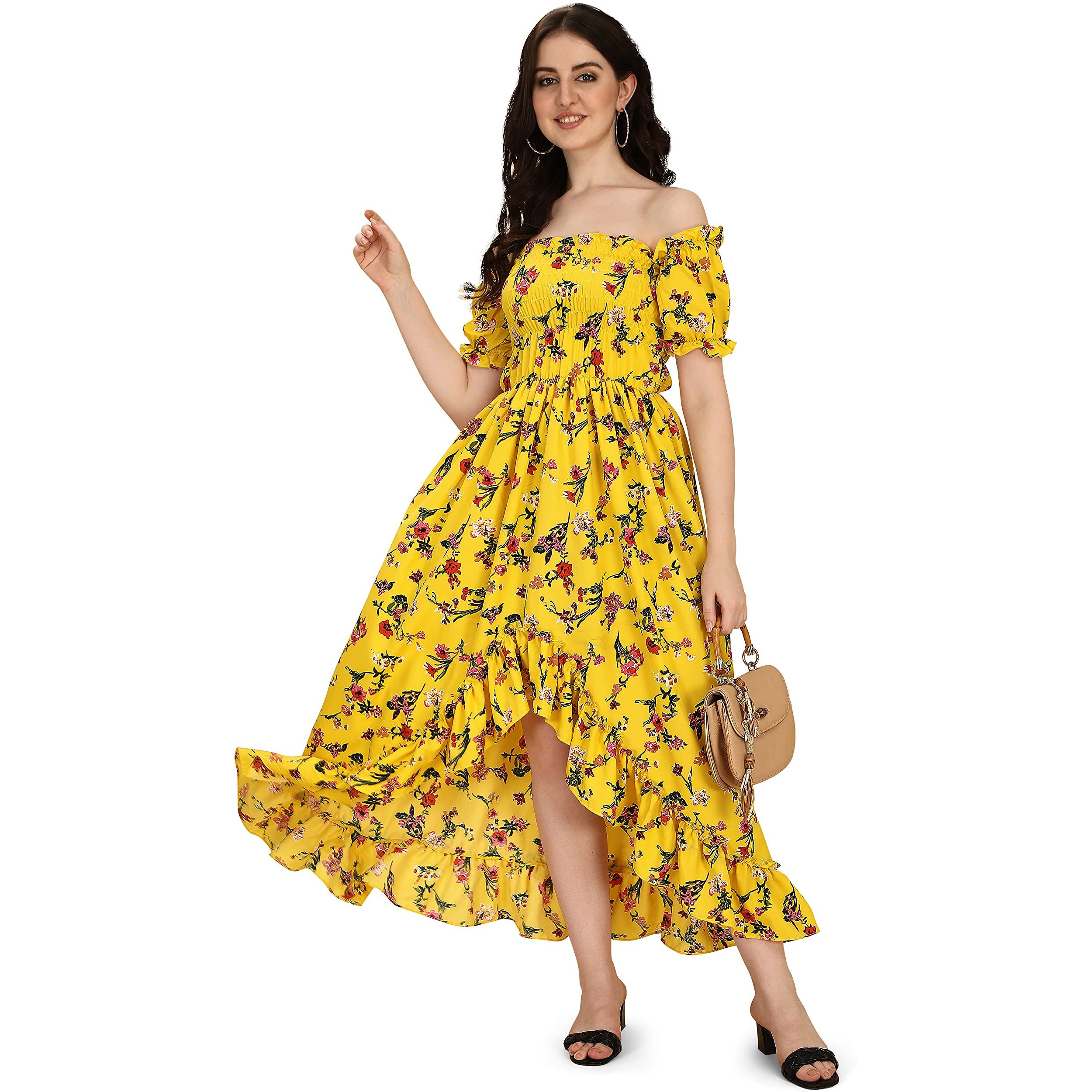 Oomph Flared Dress For Women Stylish | Long One Piece For Women | Off Shoulder Puff Sleeve Long Dress | Floral Print Maxi One Piece | Western & Fusion Wear Bohemian Style Yellow