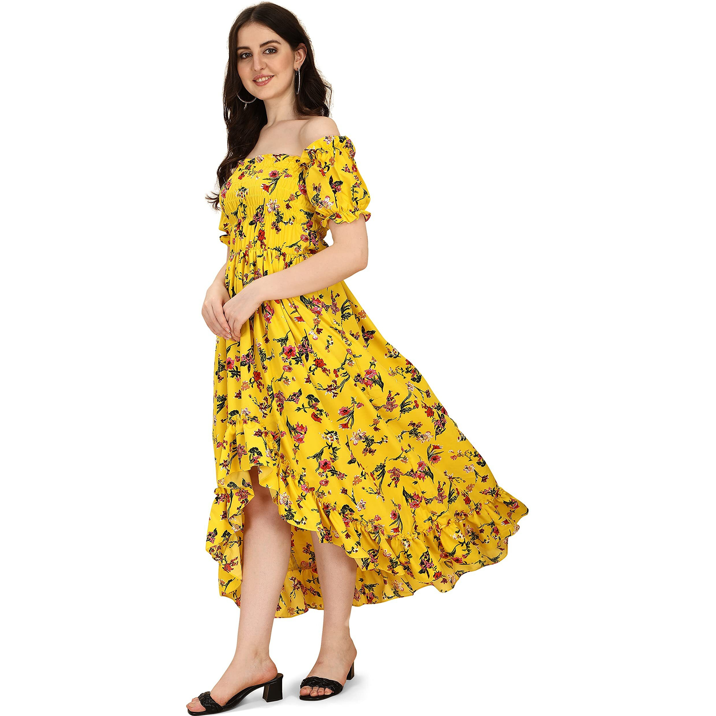 Oomph Flared Dress For Women Stylish | Long One Piece For Women | Off Shoulder Puff Sleeve Long Dress | Floral Print Maxi One Piece | Western & Fusion Wear Bohemian Style Yellow