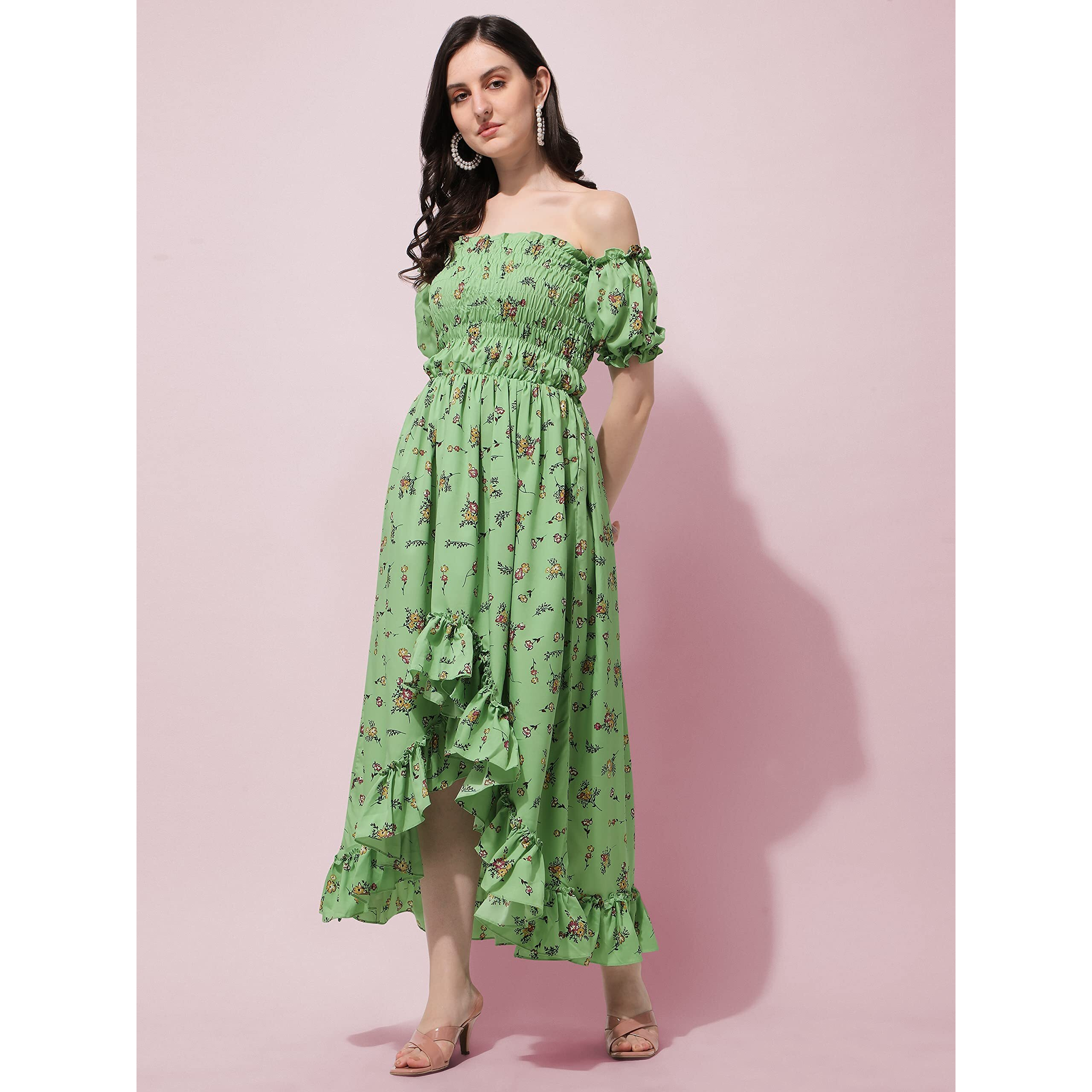 Oomph Flared Dress For Women Stylish | Long One Piece For Women | Off Shoulder Puff Sleeve Long Dress | Floral Print Maxi One Piece | Western & Fusion Wear Bohemian Style