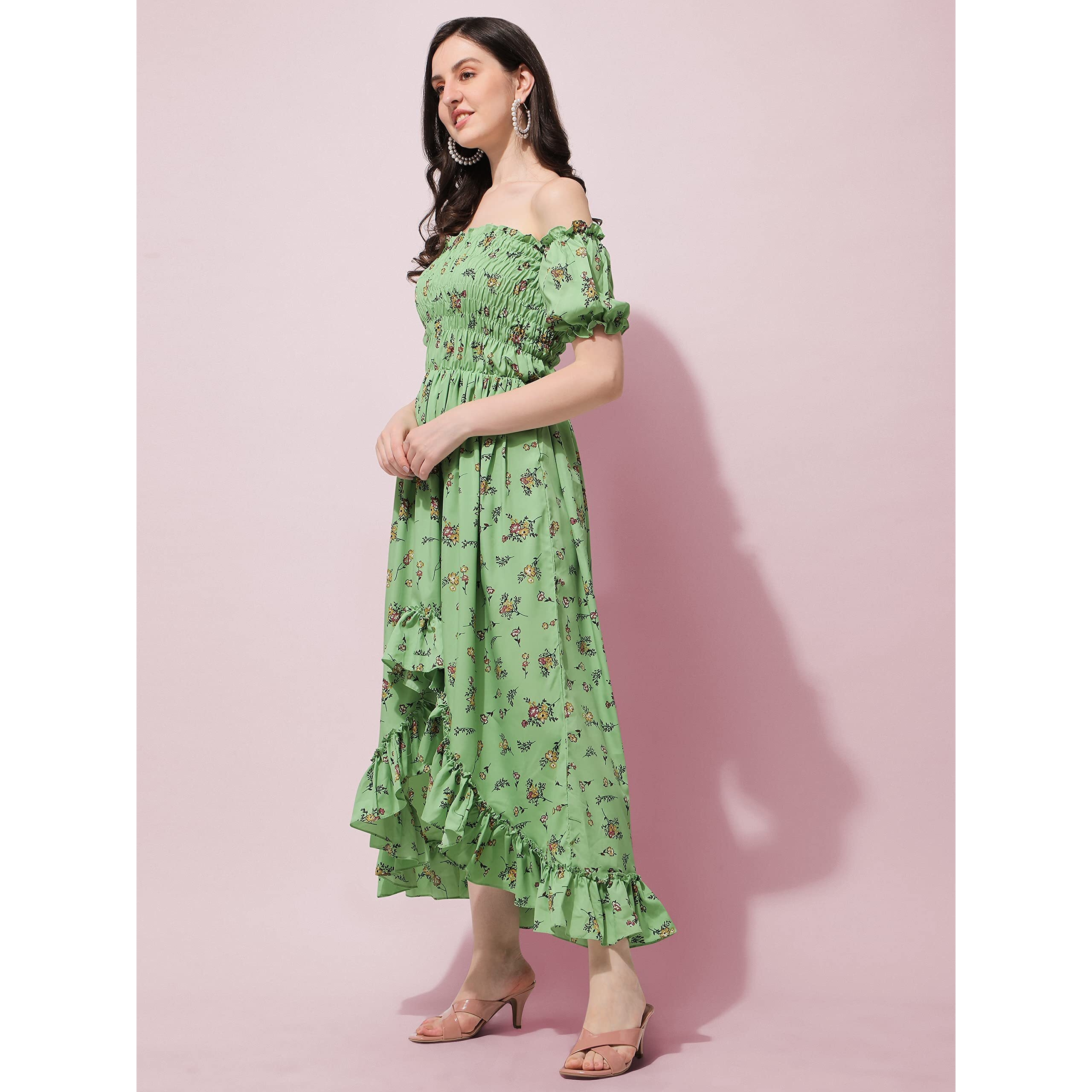 Oomph Flared Dress For Women Stylish | Long One Piece For Women | Off Shoulder Puff Sleeve Long Dress | Floral Print Maxi One Piece | Western & Fusion Wear Bohemian Style