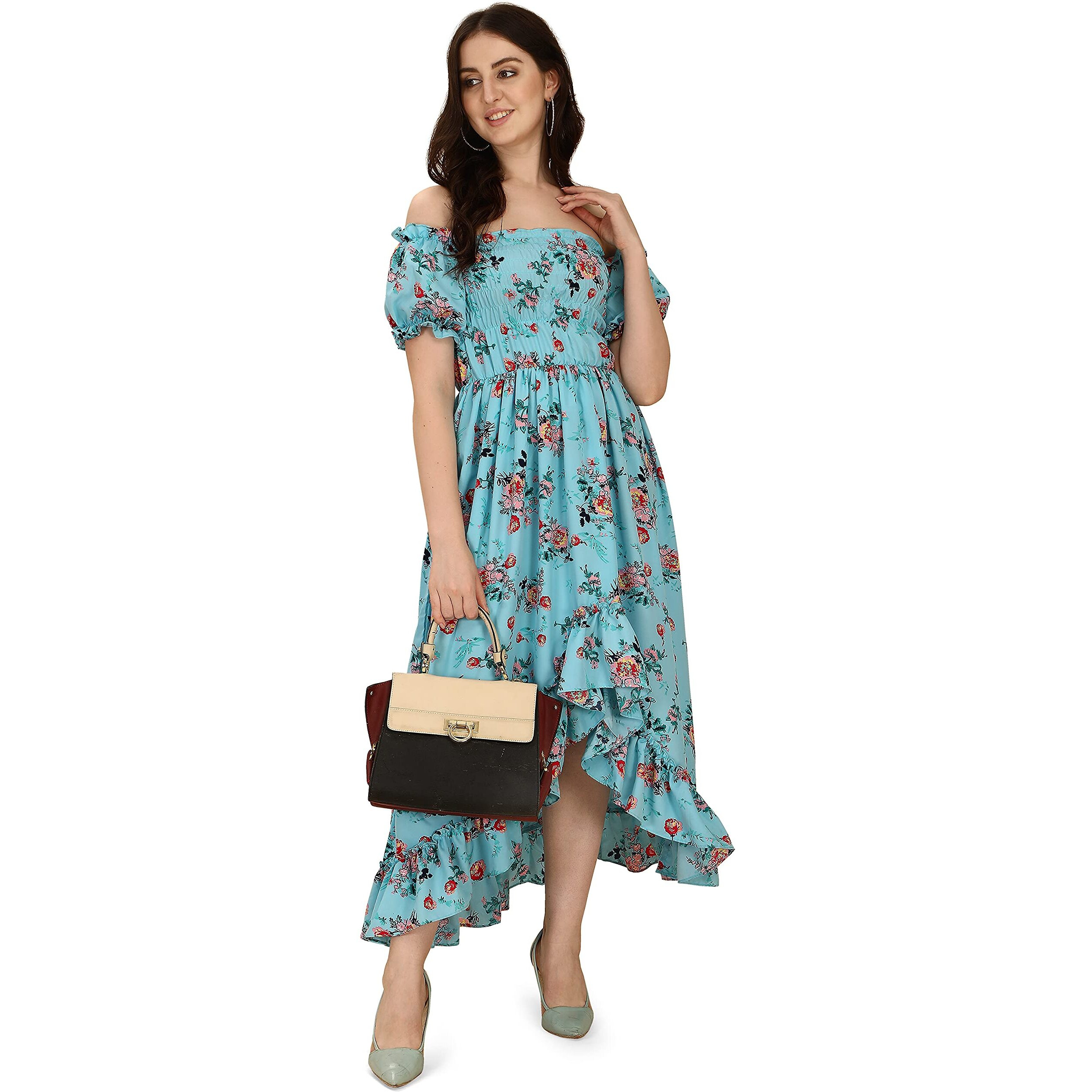 Oomph Flared Dress For Women Stylish | Long One Piece For Women | Off Shoulder Puff Sleeve Long Dress | Floral Print Maxi One Piece | Western & Fusion Wear Bohemian Style Arctic Blue