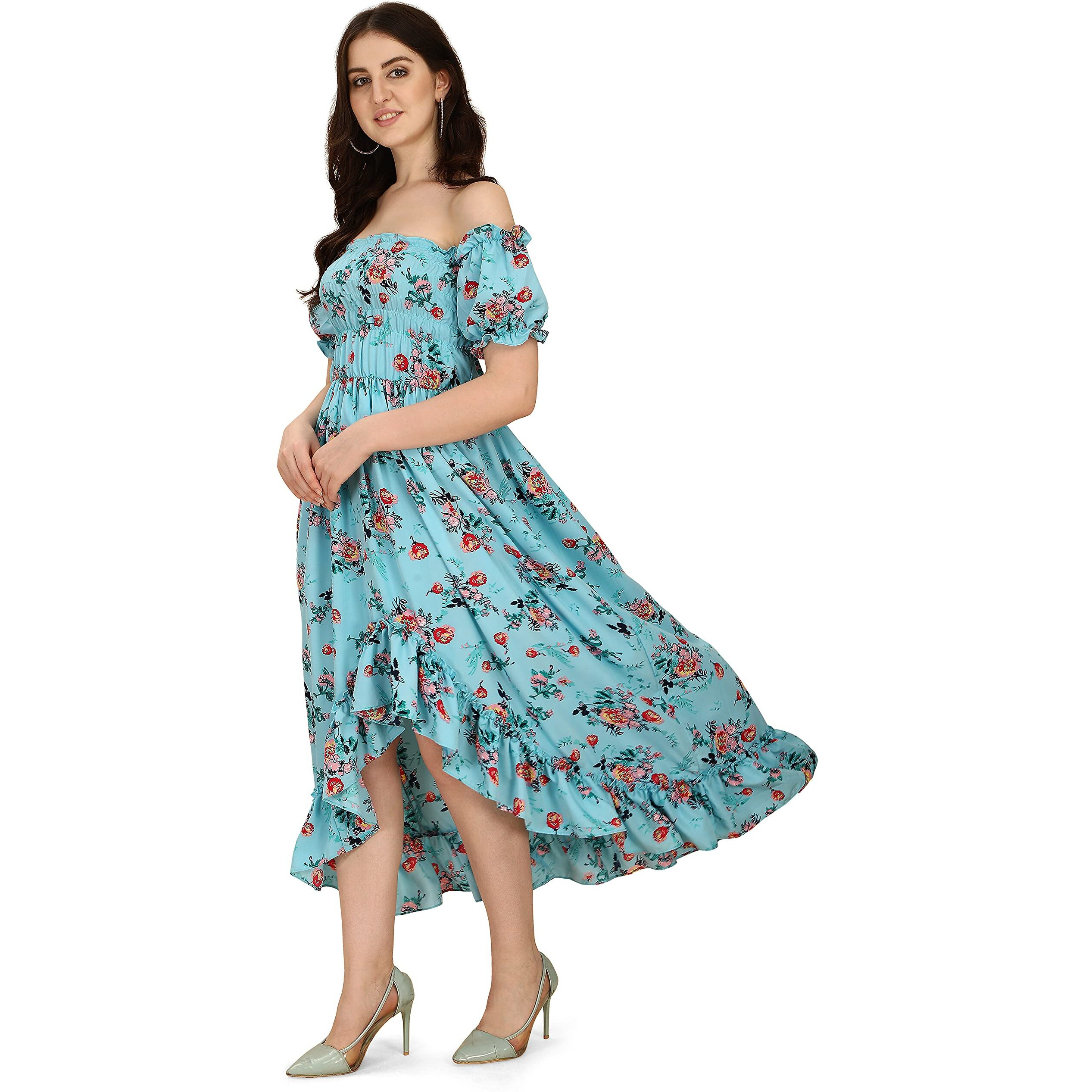 Oomph Flared Dress For Women Stylish | Long One Piece For Women | Off Shoulder Puff Sleeve Long Dress | Floral Print Maxi One Piece | Western & Fusion Wear Bohemian Style Arctic Blue