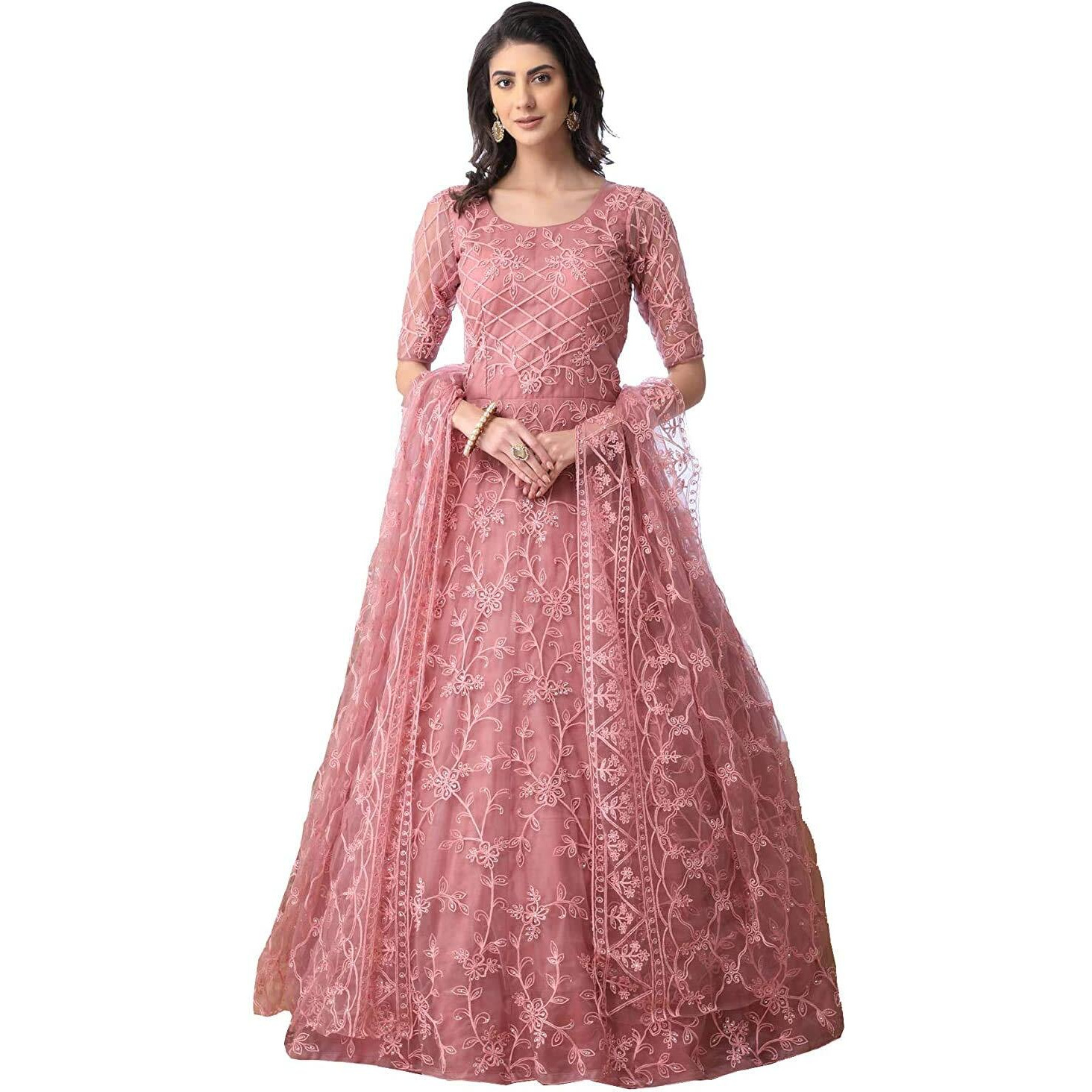 Patlani Women's Fit And Flare Knee Length Gown (Pa-Jall-Gown_Pink_Xl)