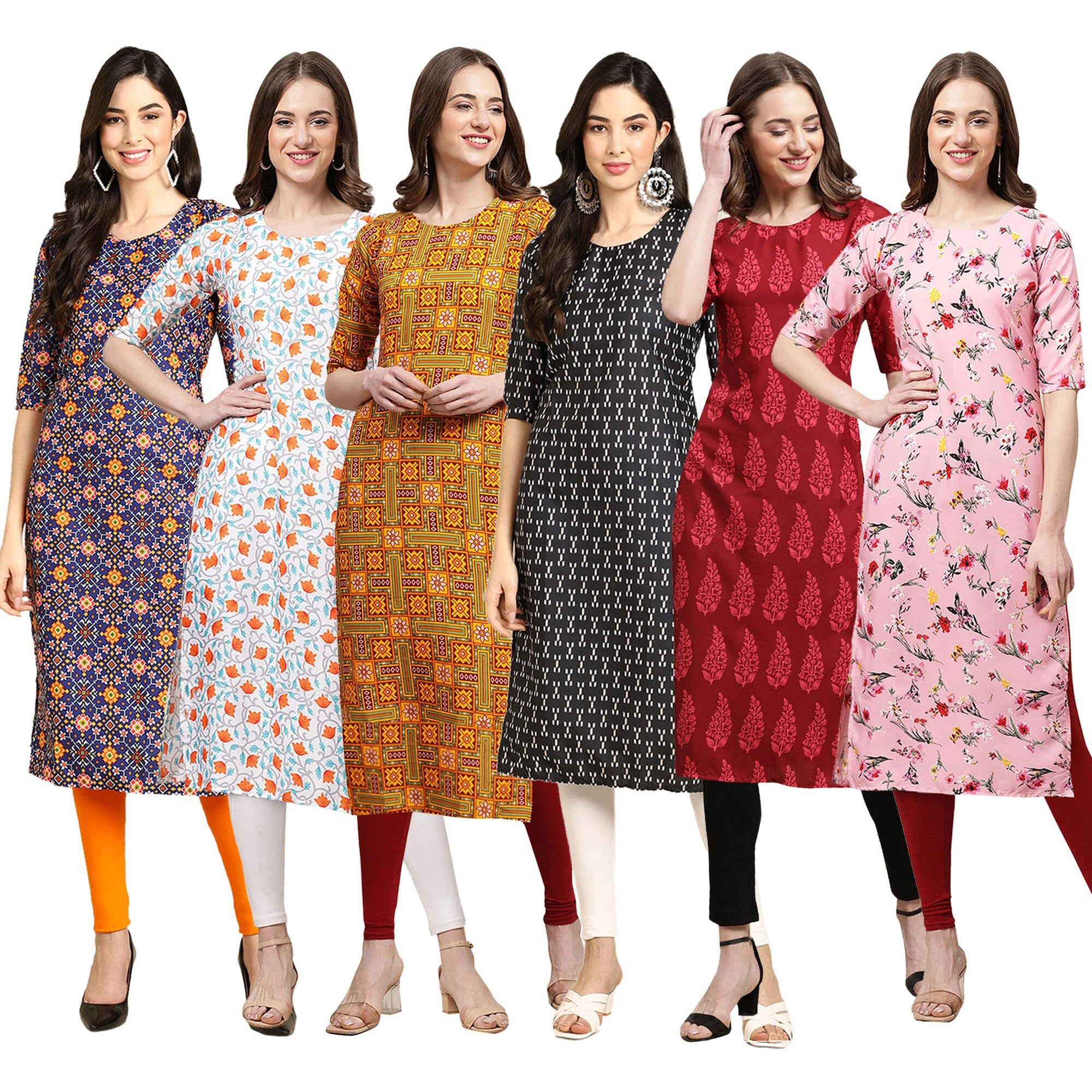 Pinkmint Women's Crepe Digital Print Straight Kurta Pack Of 6 [Cr-369-334-333-362-337-339-Xxl]