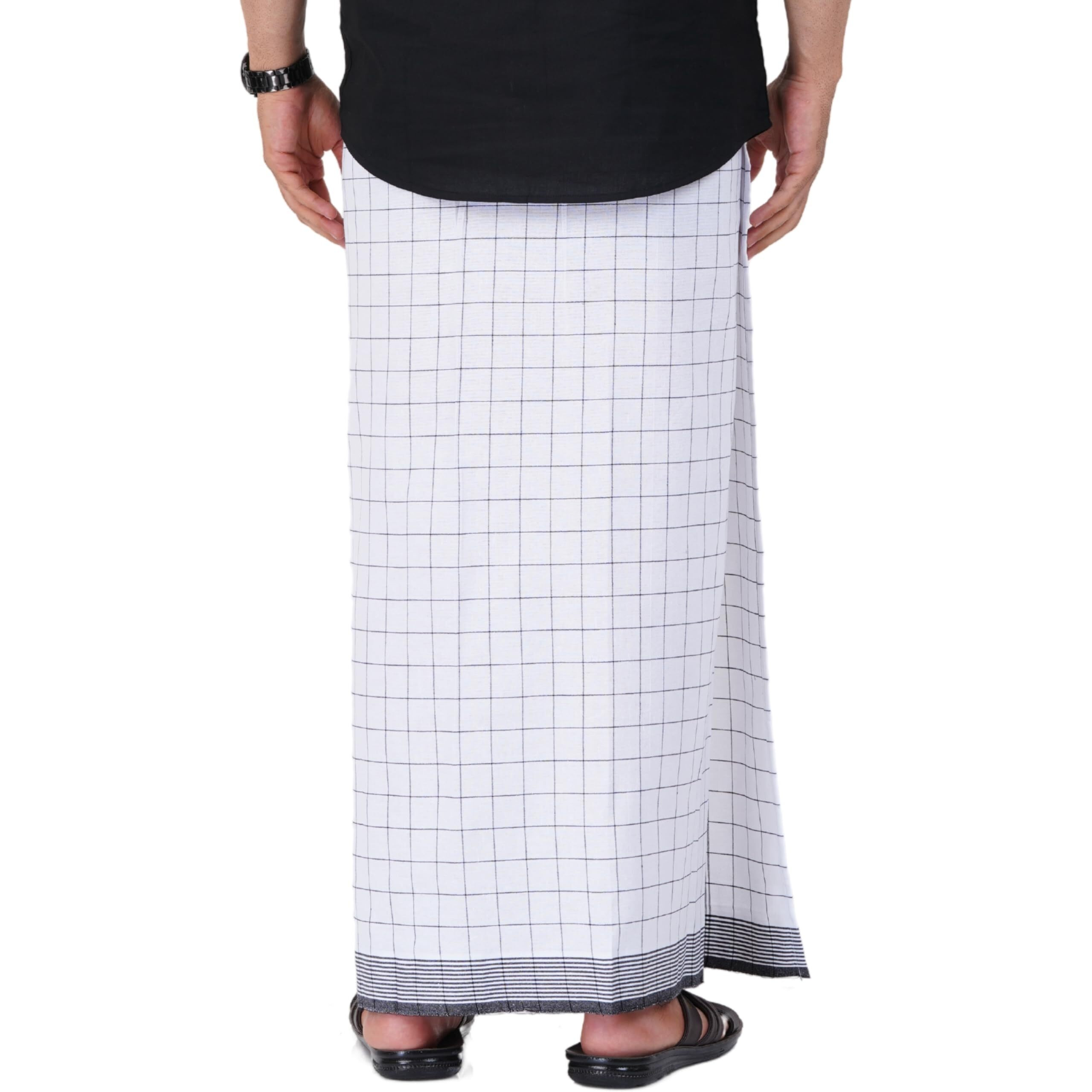 Prakasam Cotton Mens Cotton Kerala Thalapathi Border Welcro Pocket Checkered Dhoti (Free Size Dhoti) / White Colour Thalapathi Adjustable Pocket Dhoties For Mens (Large, White Checks)