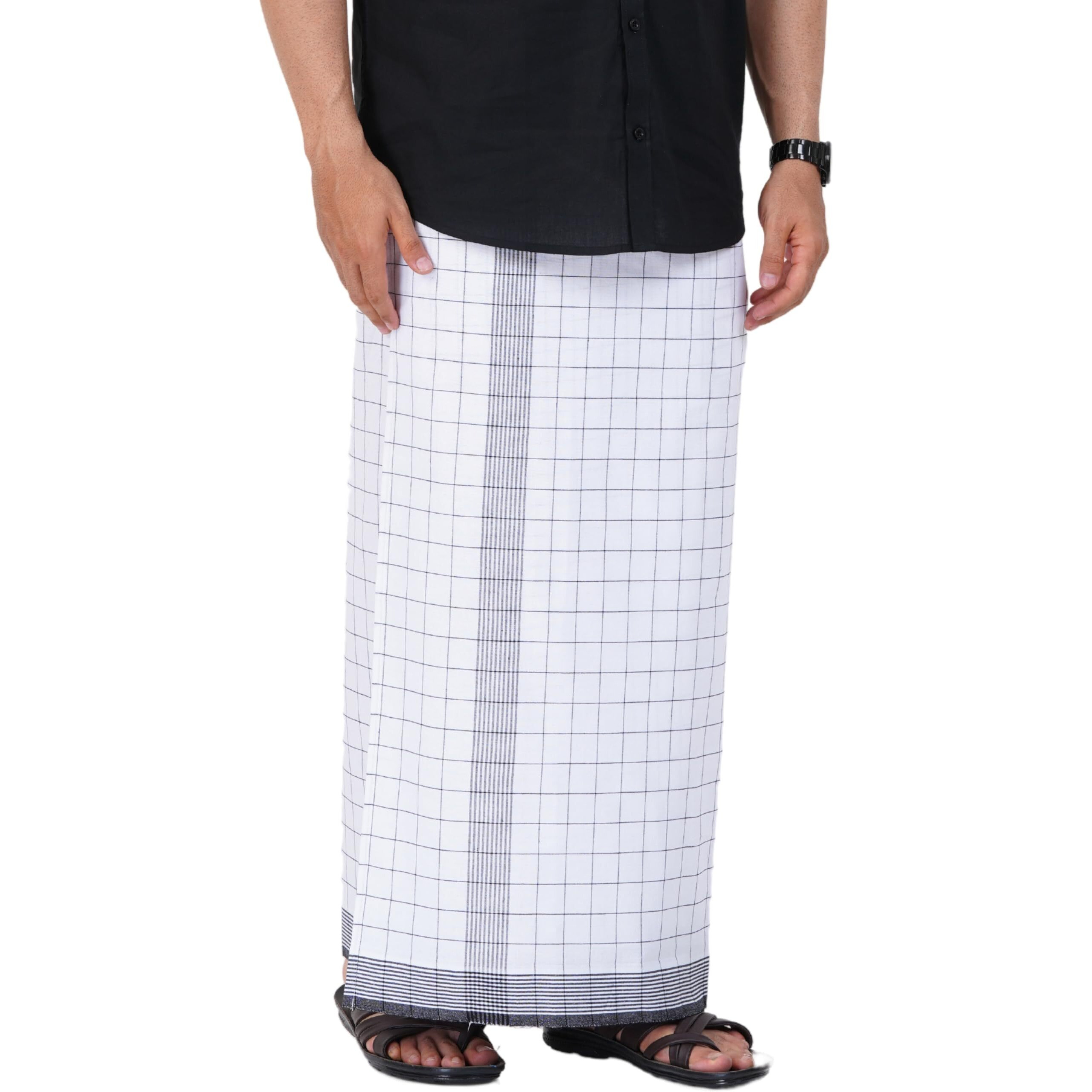Prakasam Cotton Mens Cotton Kerala Thalapathi Border Welcro Pocket Checkered Dhoti (Free Size Dhoti) / White Colour Thalapathi Adjustable Pocket Dhoties For Mens (Large, White Checks)