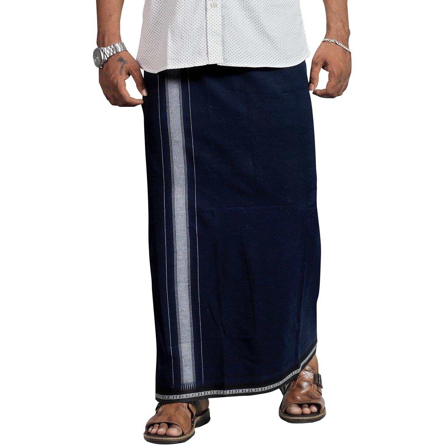 Prakasam Cotton Mens Cotton Kerala Thalapathi Border Welcro Pocket Dhoti (Size -M Size Dhoti) / Navy Colour Thalapathi Adjustable Pocket Dhoties For Mens