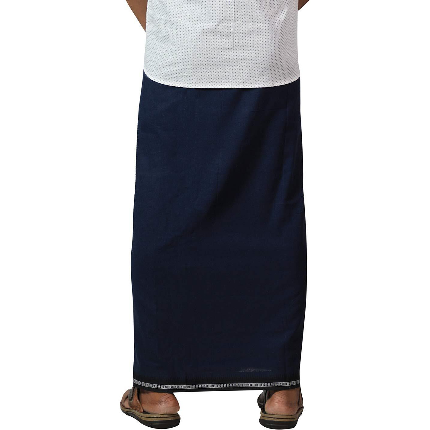 Prakasam Cotton Mens Cotton Kerala Thalapathi Border Welcro Pocket Dhoti (Size -M Size Dhoti) / Navy Colour Thalapathi Adjustable Pocket Dhoties For Mens