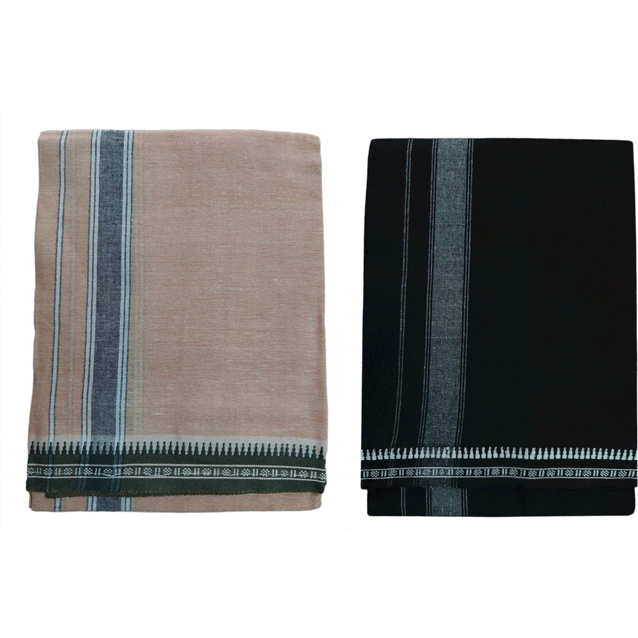 Prakasam Cotton Fine Quality Mens Kerala Style Thalapathi Border Single (1.28X2.00 Mtrs) -Dhoti-Kerala Single Mundu (Pack Of 2 Dhoties)- BlackBeige
