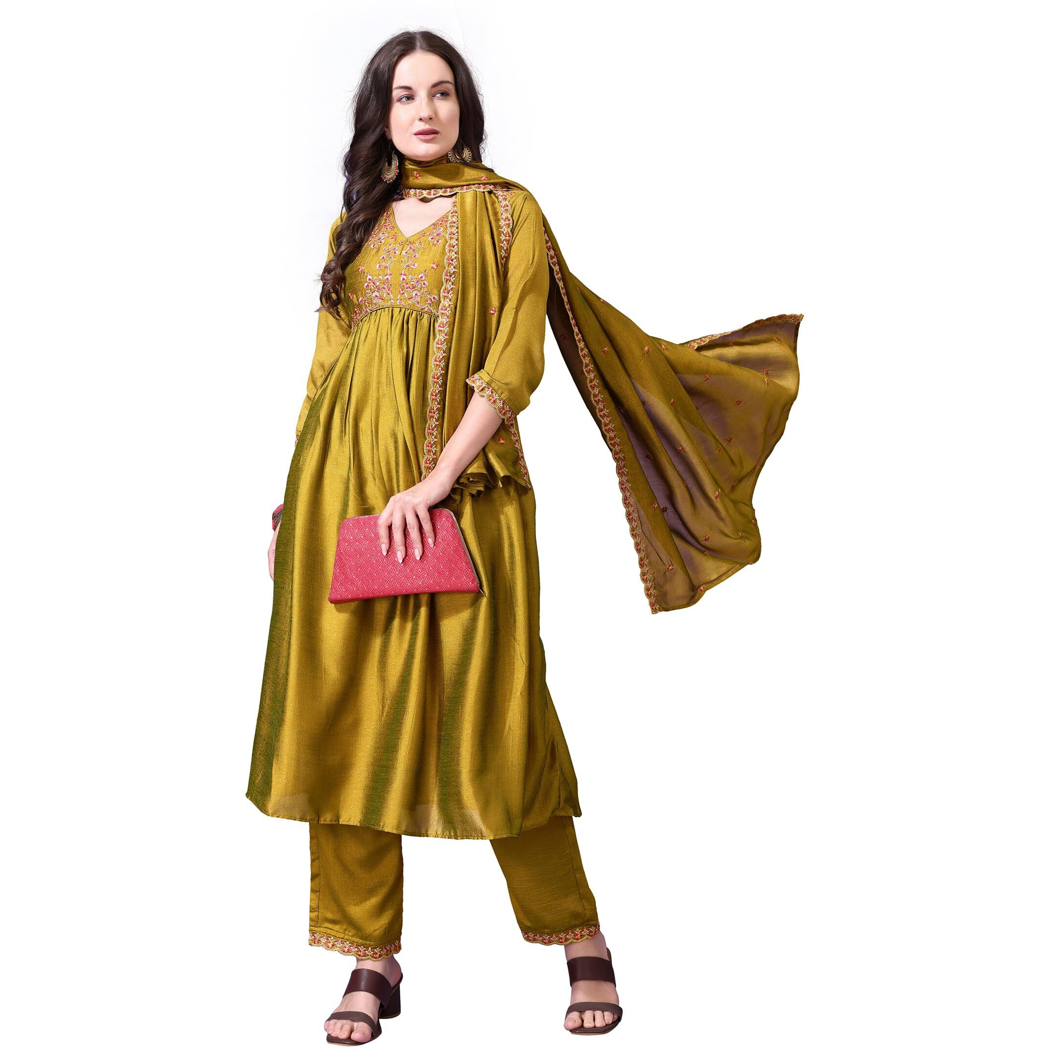 Pratham Blue Women's Silk Embroidered Anarkali Kurta Palazzos With Dupatta |Kurta Sets For Women |Women Kurta | Women Embroidered Kurta Sets Kurtis |Women Kurta Pant Set (Bkp-1004-M_Yellow)
