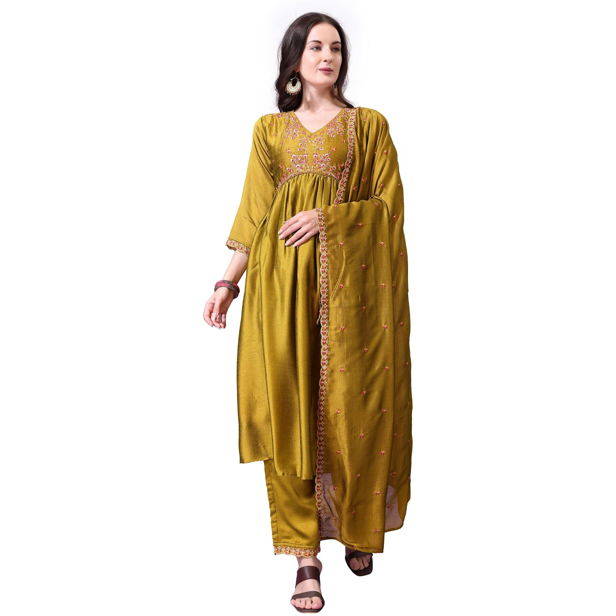 Pratham Blue Women's Silk Embroidered Anarkali Kurta Palazzos With Dupatta |Kurta Sets For Women |Women Kurta | Women Embroidered Kurta Sets Kurtis |Women Kurta Pant Set (Bkp-1004-M_Yellow)