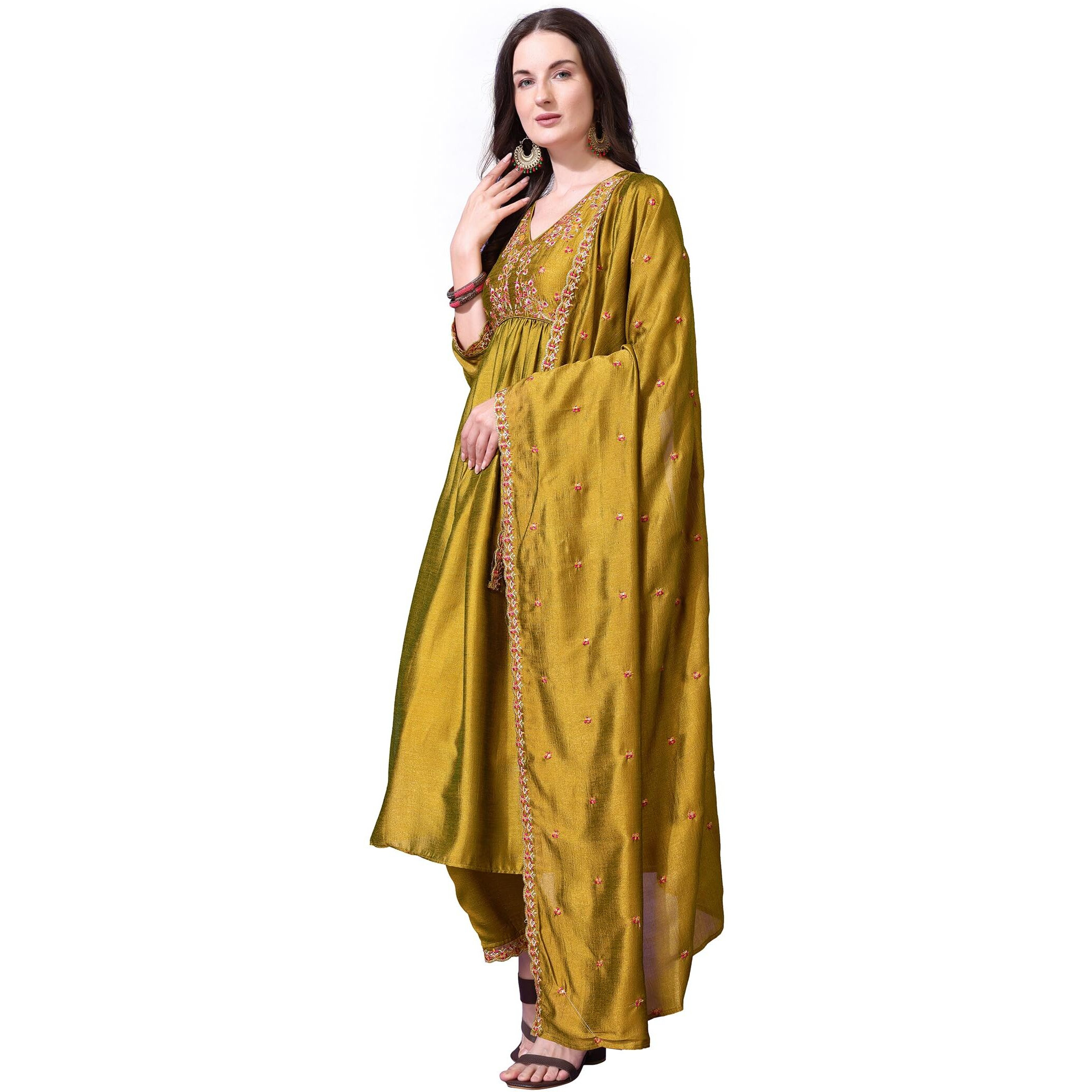 Pratham Blue Women's Silk Embroidered Anarkali Kurta Palazzos With Dupatta |Kurta Sets For Women |Women Kurta | Women Embroidered Kurta Sets Kurtis |Women Kurta Pant Set (Bkp-1004-M_Yellow)