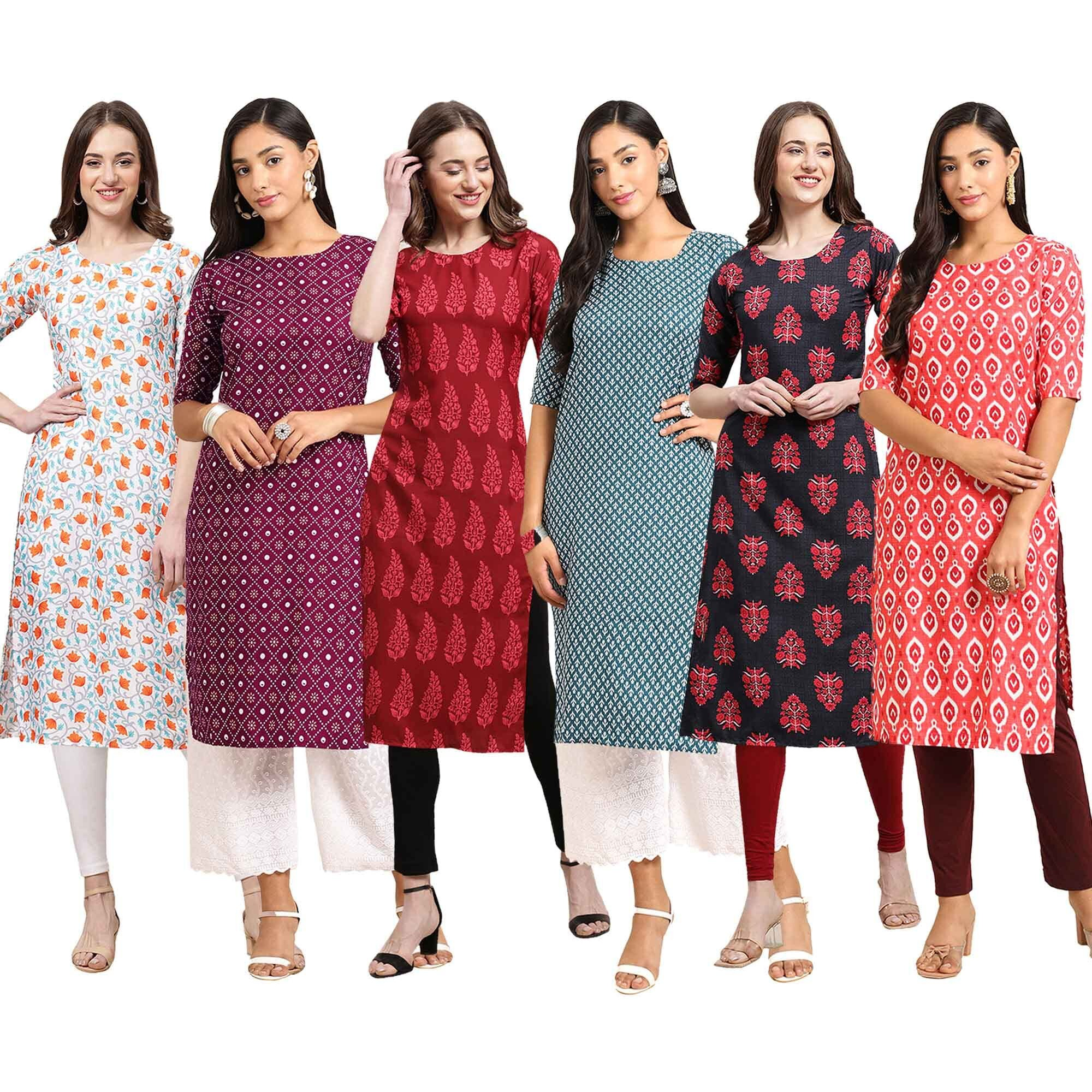 Pinkmint Women's Crepe Digital Print Straight Kurta [Pack Of 6] (Ckt-334-355-337-351-345-346-L)