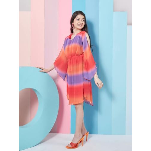Pspeaches Girl's V-Neck Tie And Dye Striped Flared Sleeve Fit Flare Dress Orange Colortrendy Stylish Outfit (11-12Years)