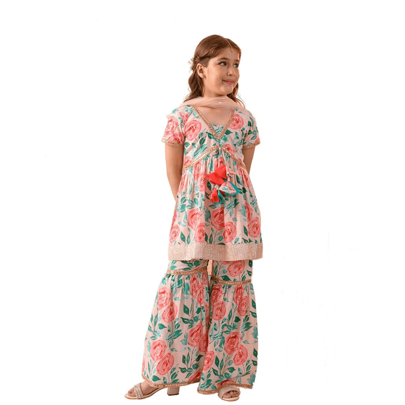 Pspeaches Girl's Cotton Kurta & Sharara (Sha-Peachfloral-3-4Y_Peach