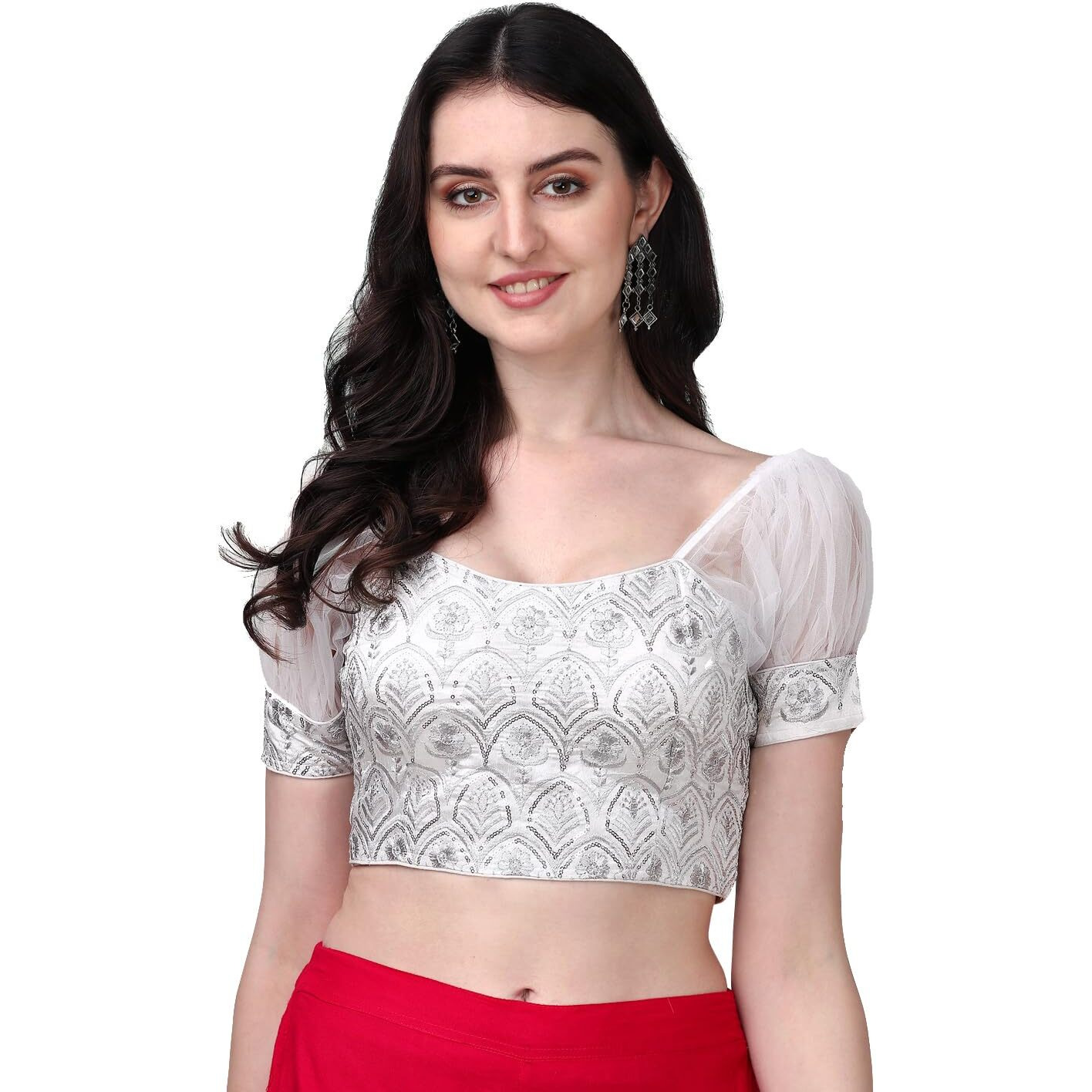 Pujia Mills Womens Net Fabrics Round Neck Puff Sleeve Blouse (White, 34)