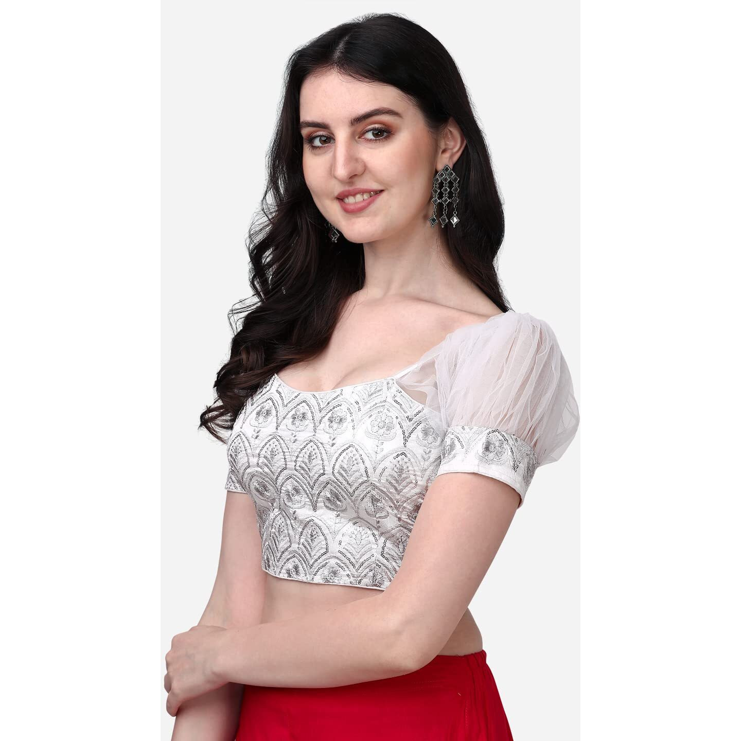 Pujia Mills Womens Net Fabrics Round Neck Puff Sleeve Blouse (White, 34)