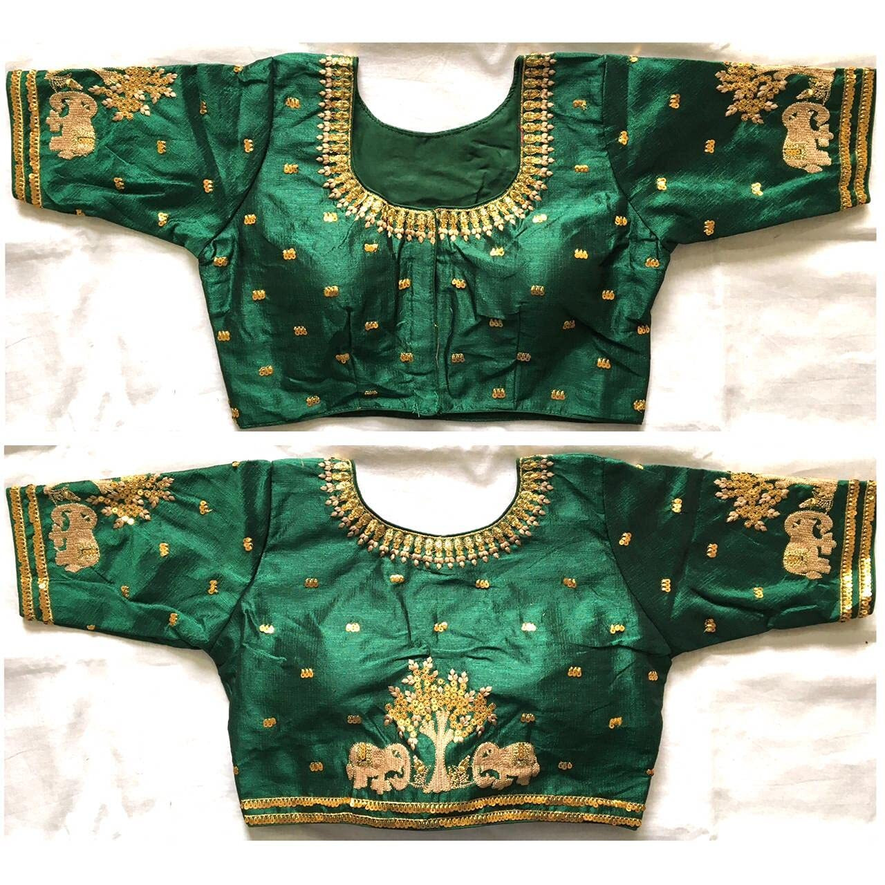 Pujia Mills Women's Multicolor Phantom Silk Heavy Elephant Gold Thread Embroidery Sequins Zari Work Half Sleeves Readymade Saree Blouse (38 Size +Margin)