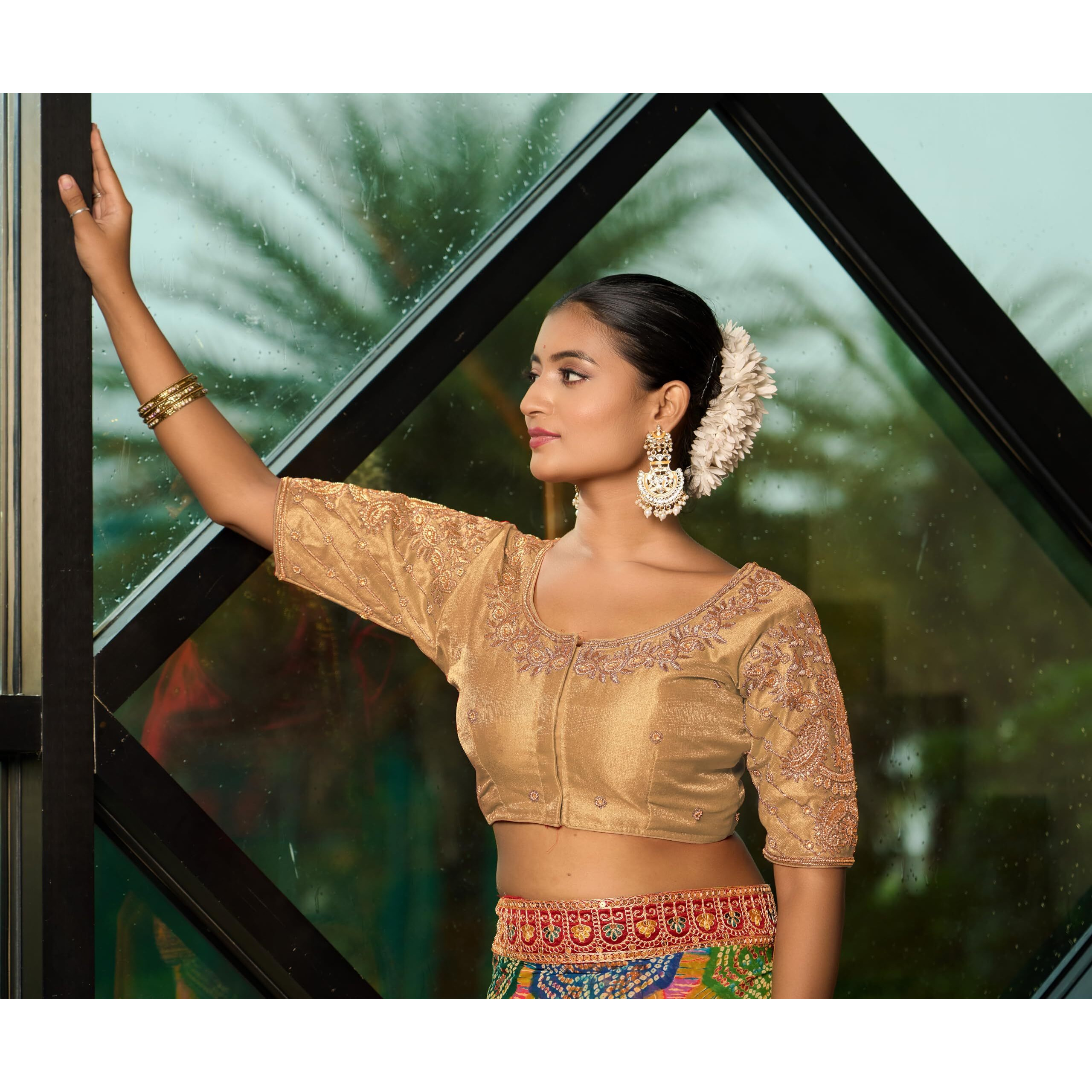 Pujia Mills Women's Readymade Blouse Embroidery Multi Coding Maggam Work Sequence Work Indian Ethnic Designer Stitched Readymade Saree Half Sleeve Gold Blouse For Women For Saree Lehenga Choli