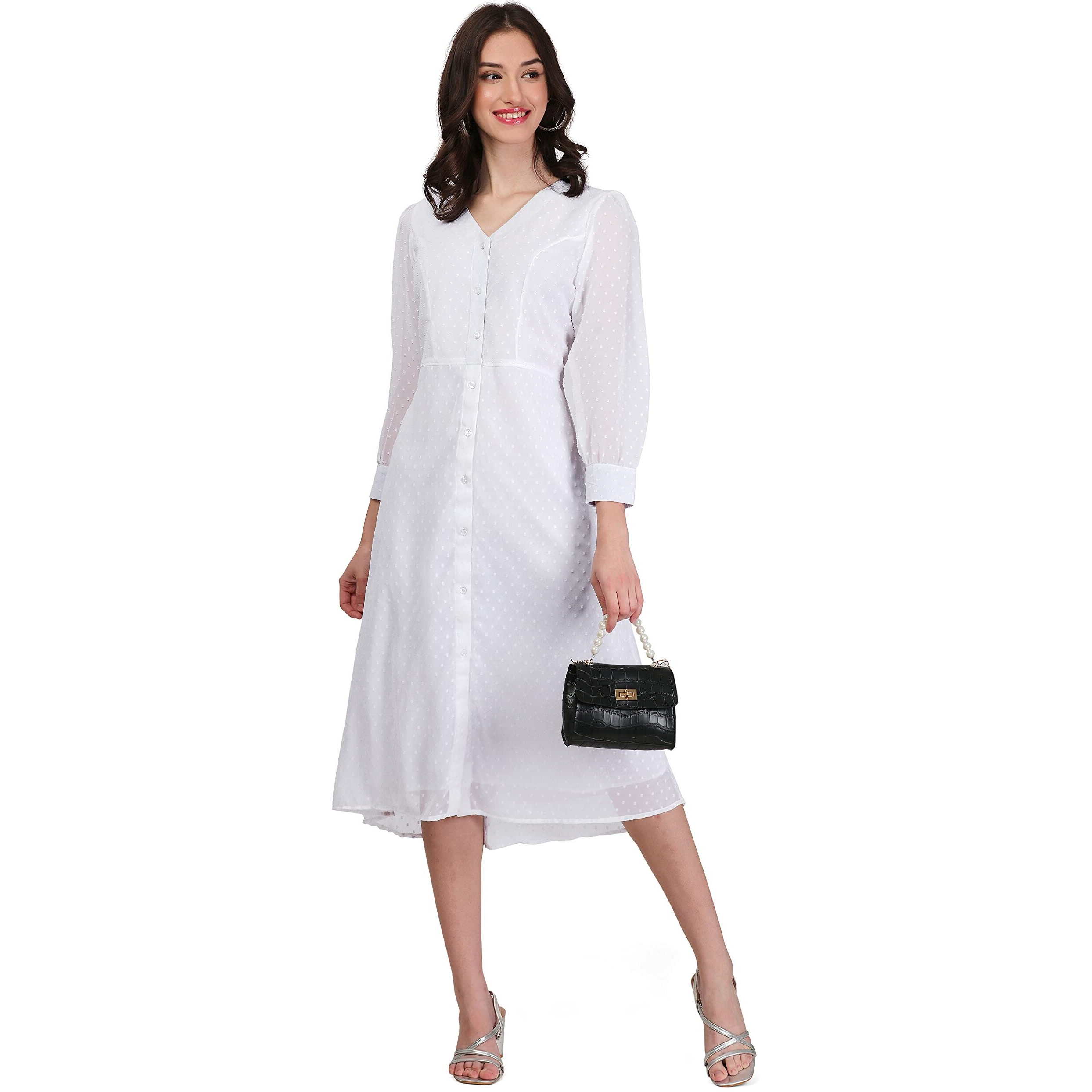Pujia Mills Women Casual V-Neck Dress White