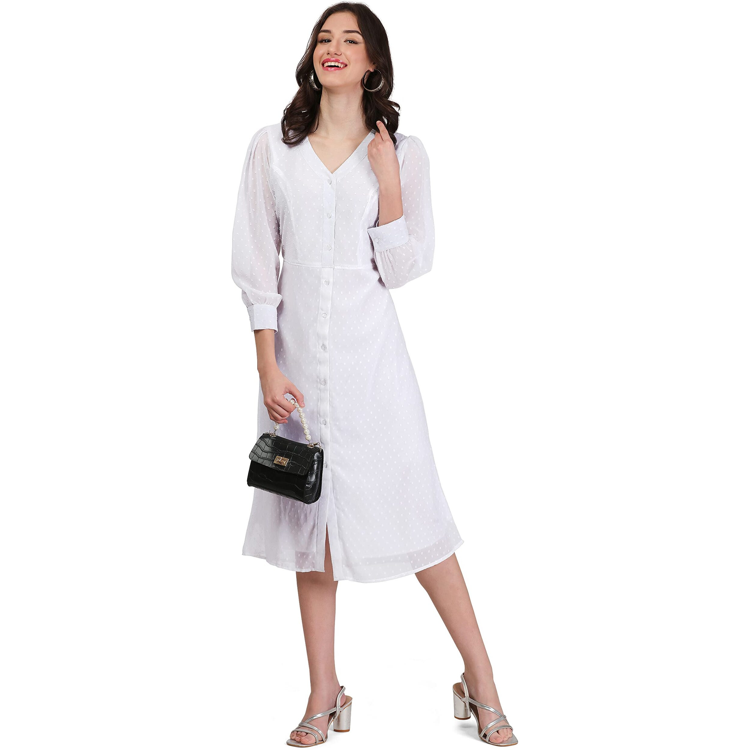 Pujia Mills Women Casual V-Neck Dress White