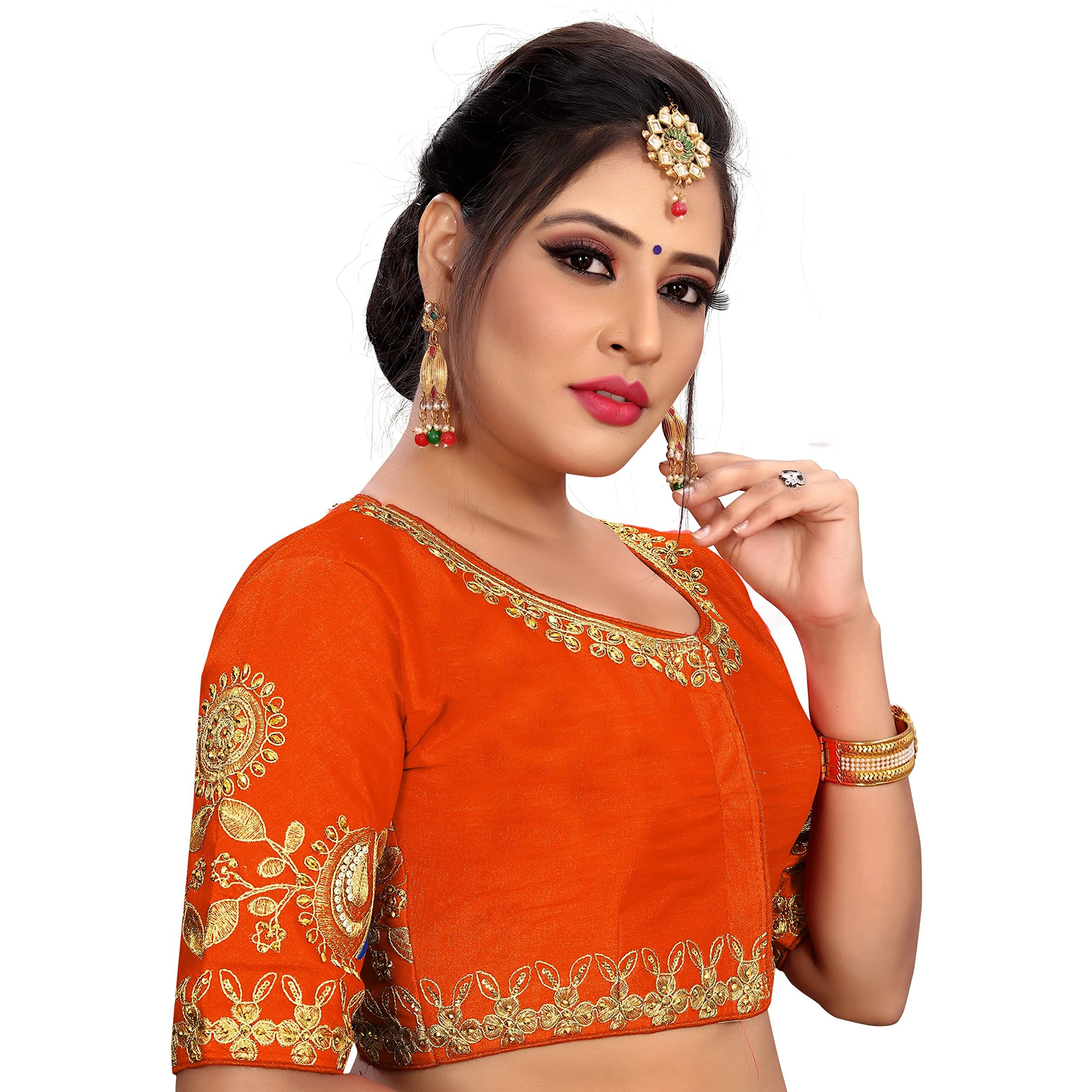 Pujia Mills Women's Phantom Silk Elephant Half Sleeve Saree Blouse (Dumbo_Orange_38 Size+Margin)