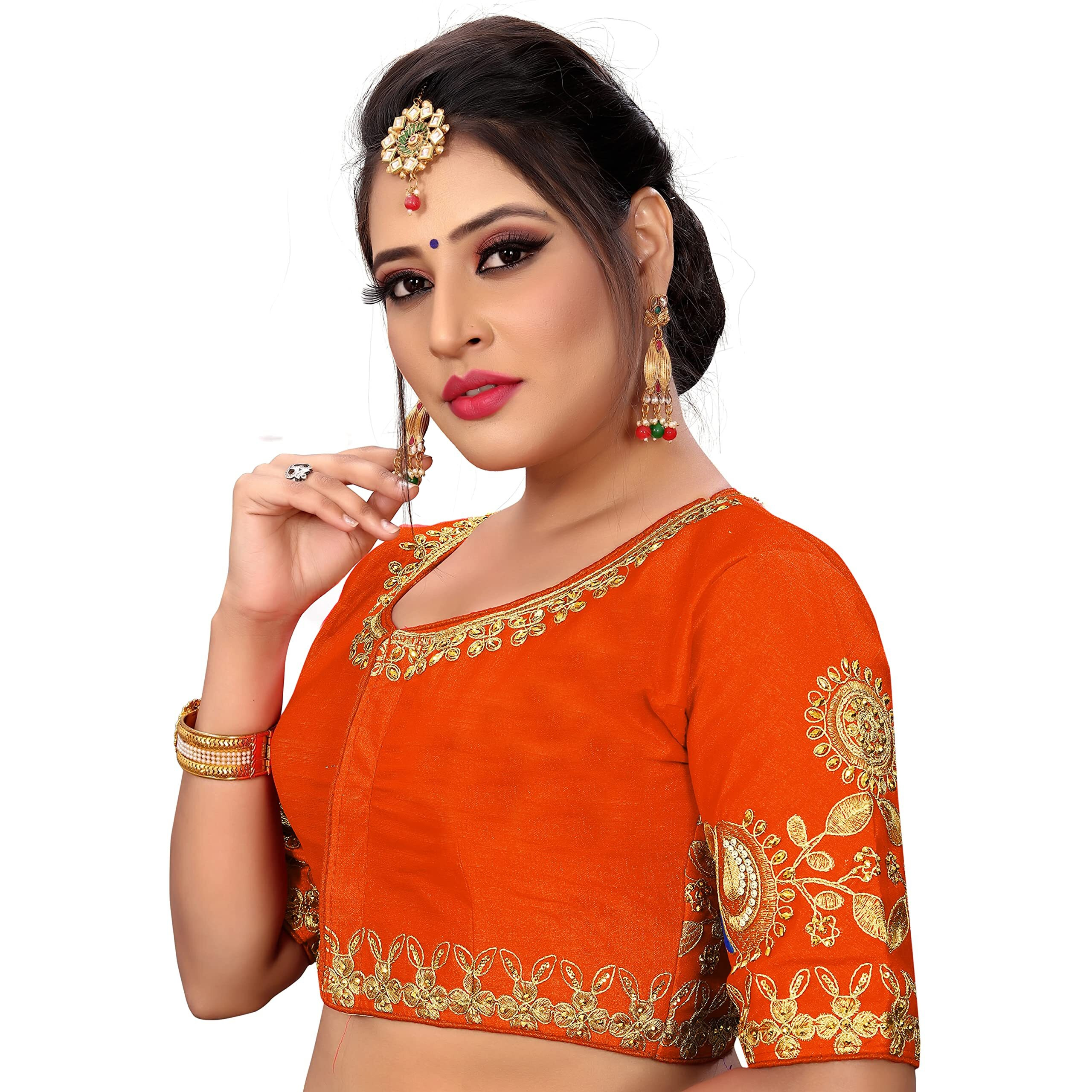 Pujia Mills Women's Phantom Silk Elephant Half Sleeve Saree Blouse (Dumbo_Orange_38 Size+Margin)