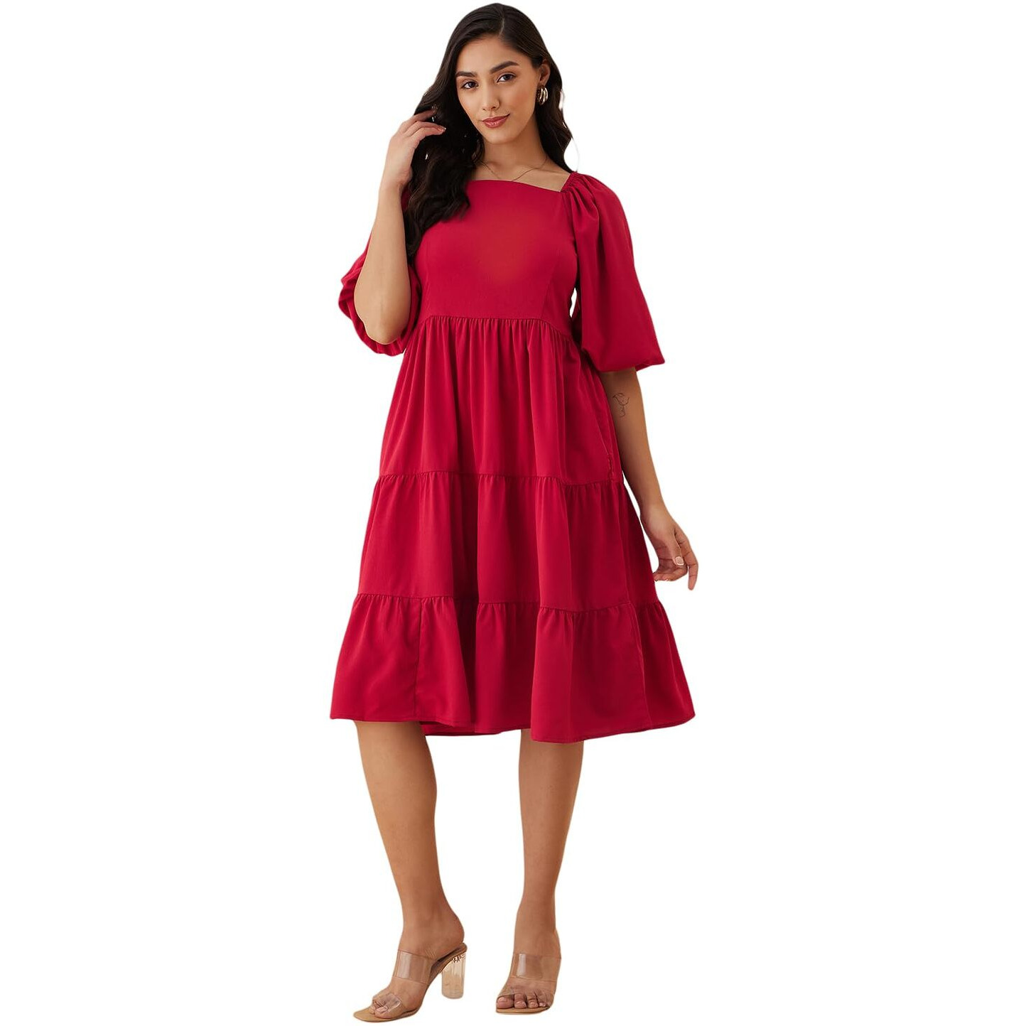 Rare Women's Regular Fit Fit & Flare Dress (Ep7532G_Maroon L)