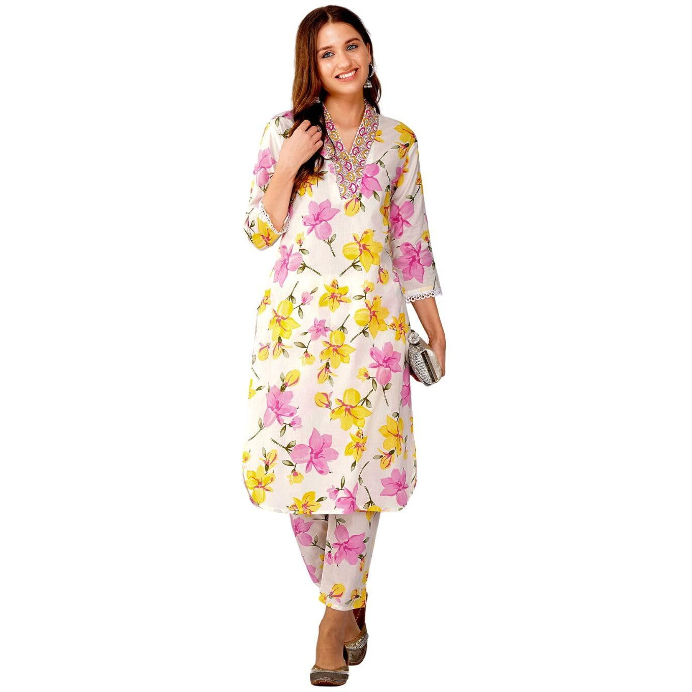 Rytras Women's Cotton Printed Straight Kurta With Pant(Ryt564,Pink,L)