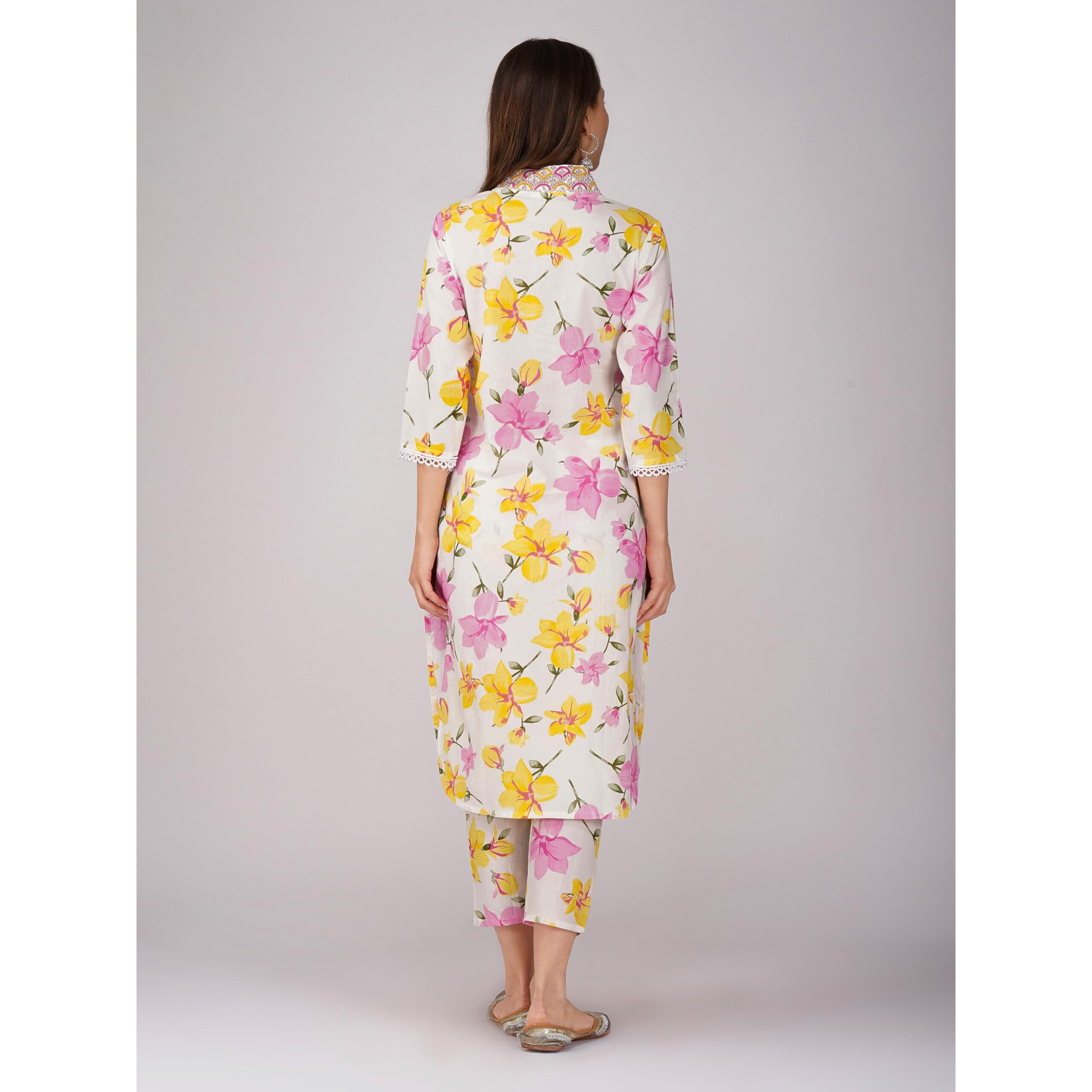 Rytras Women's Cotton Printed Straight Kurta With Pant(Ryt564,Pink,L)