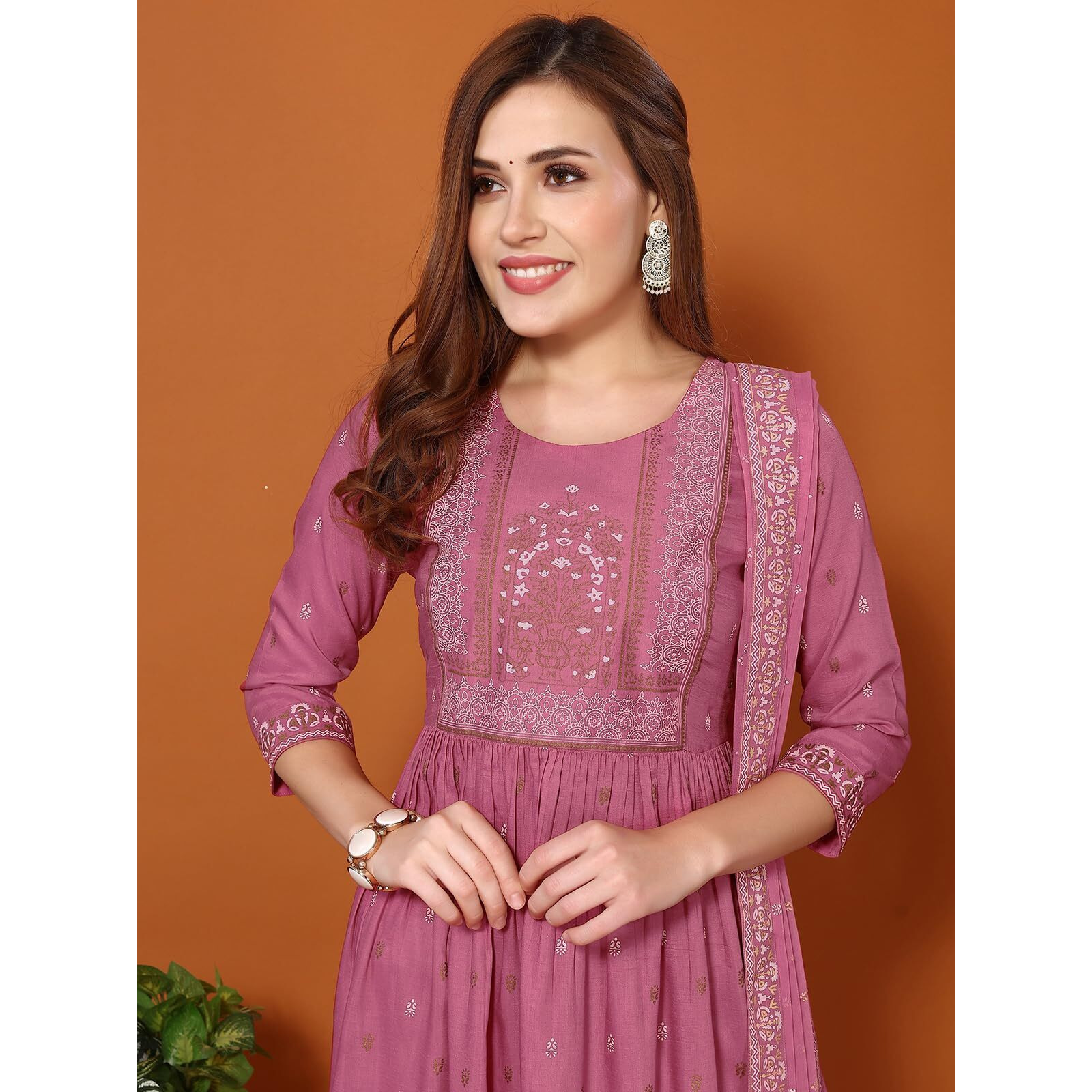 Sanisa Women's Chinnon Pigment & Foil Printed Anarkali Kurta With Pant And Pigment Printed Dupatta (66Kbd755Nz-L_Dusty Pink)
