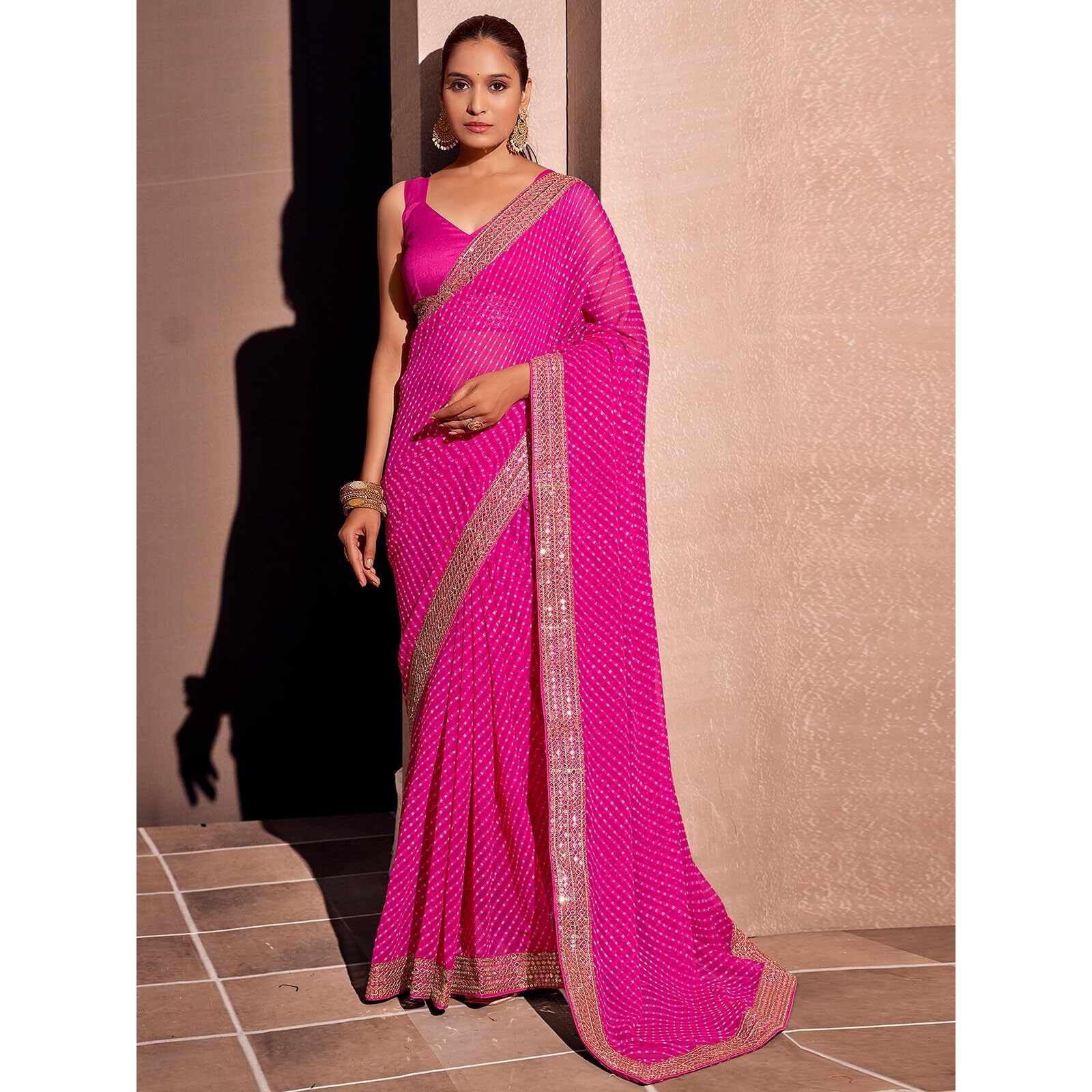 Satrani Women's Georgette Sequence Embroidery Lace Printed Saree With Unstitched Blouse Piece (3666S242N_Pink)