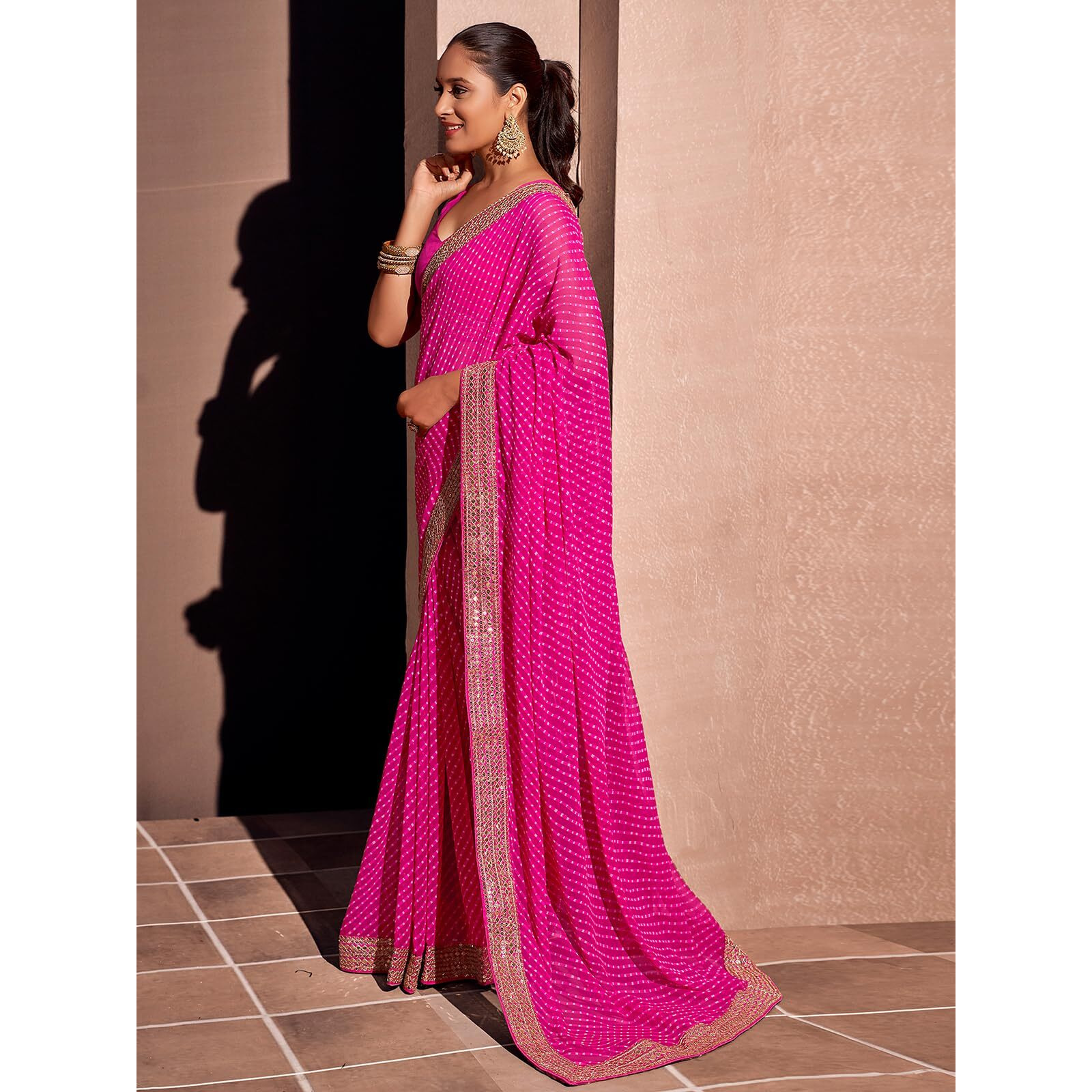 Satrani Women's Georgette Sequence Embroidery Lace Printed Saree With Unstitched Blouse Piece (3666S242N_Pink)