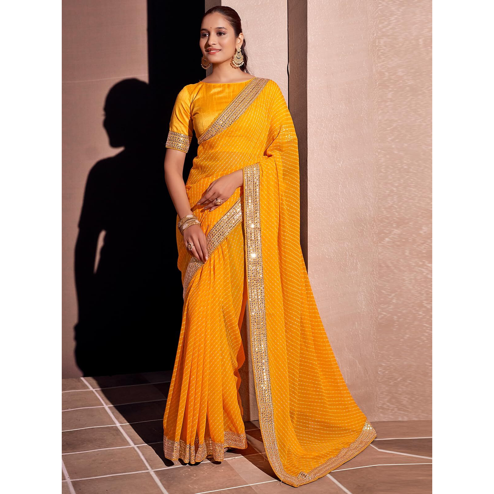 Satrani Women's Georgette Sequence Embroidery Lace Printed Saree With Unstitched Blouse Piece (3666S241N_Yellow)
