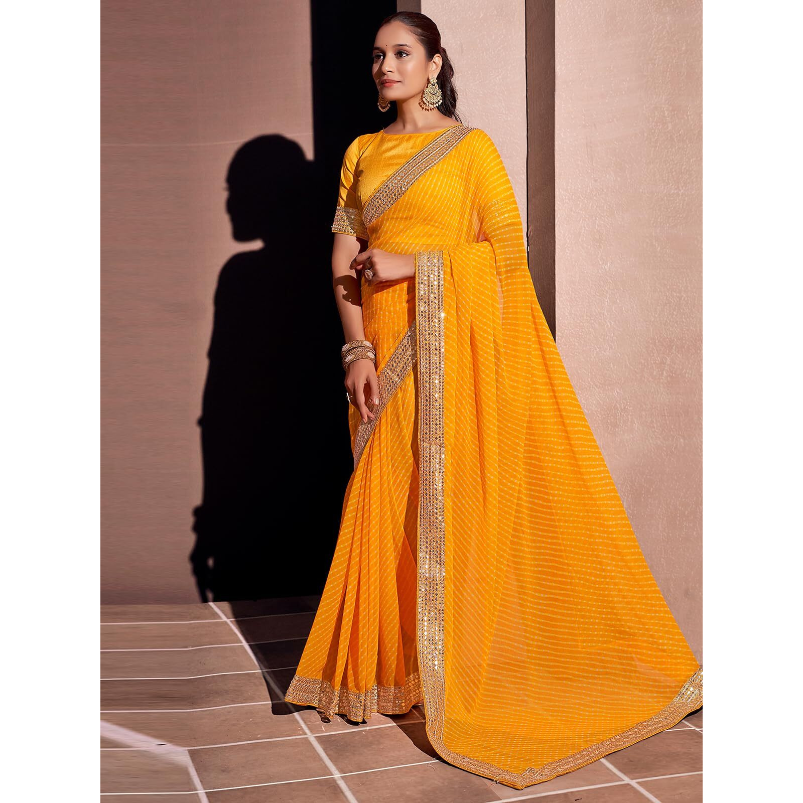 Satrani Women's Georgette Sequence Embroidery Lace Printed Saree With Unstitched Blouse Piece (3666S241N_Yellow)