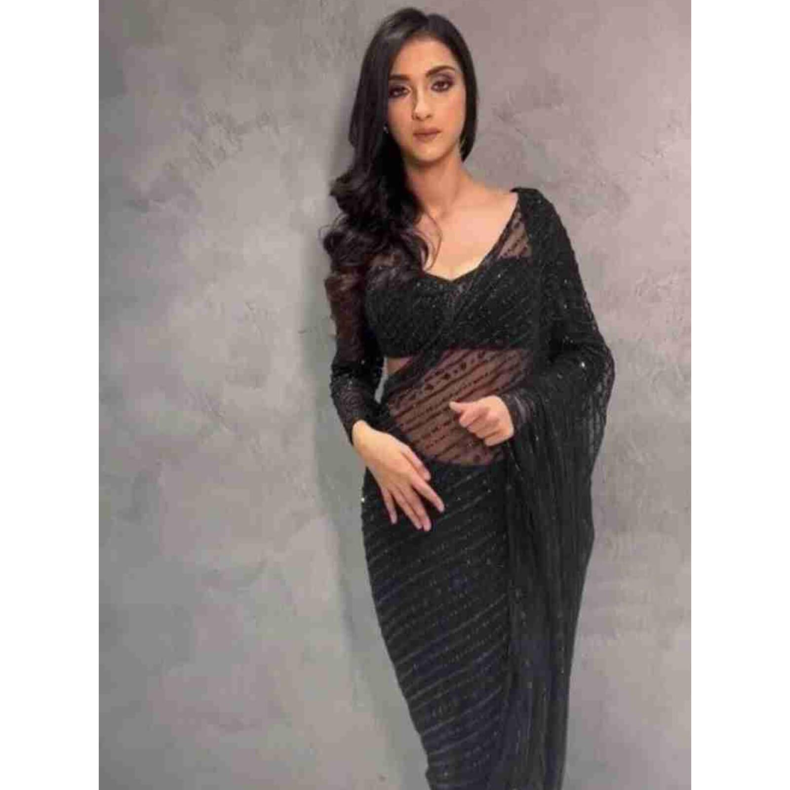 Satrani Women's Net Sequence Saree With Unstitched Blouse Piece (4039S301N_Black)