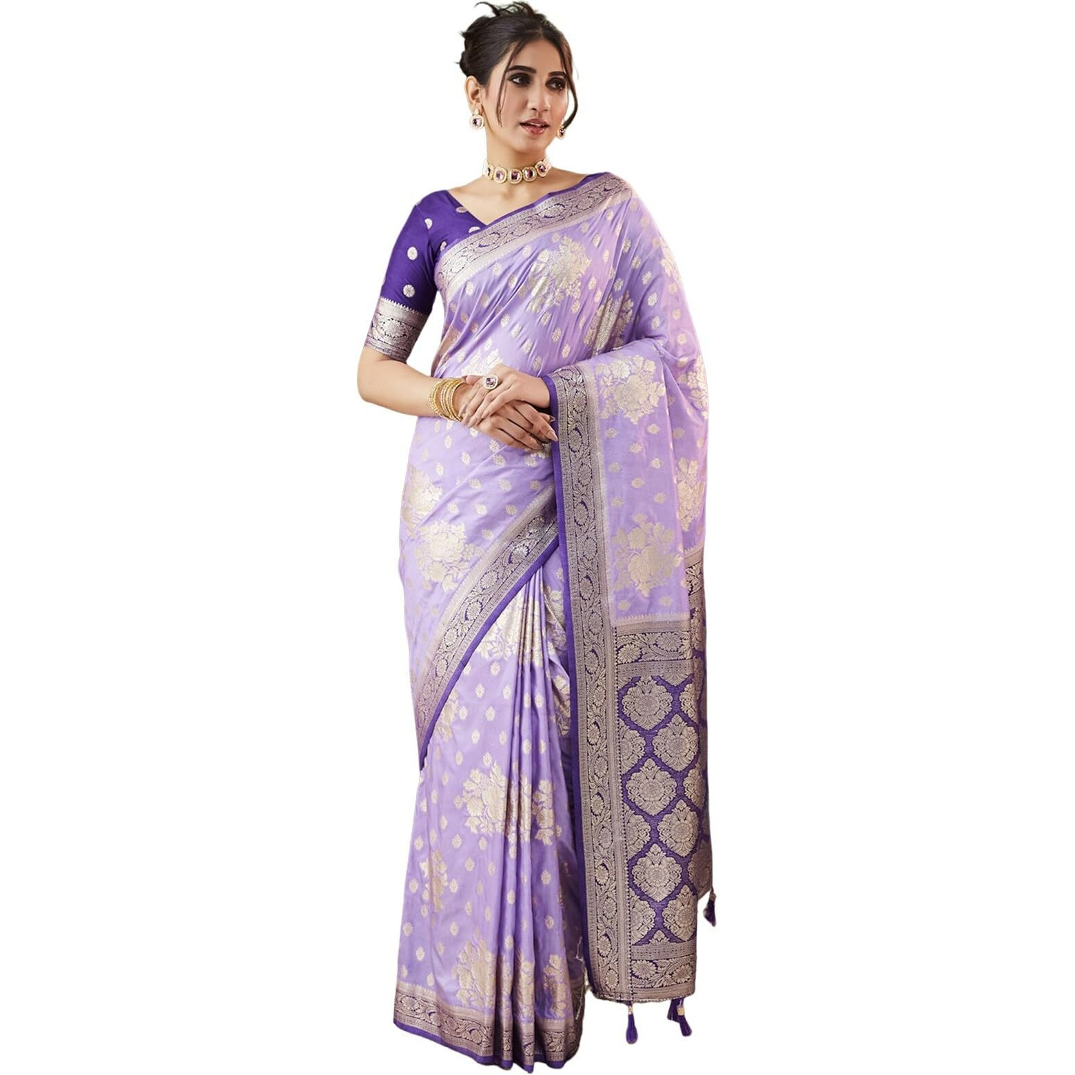 Satrani Women's Silk Weaving Saree With Unstitched Blouse Piece (4090S353N_Purple & Light Purple)