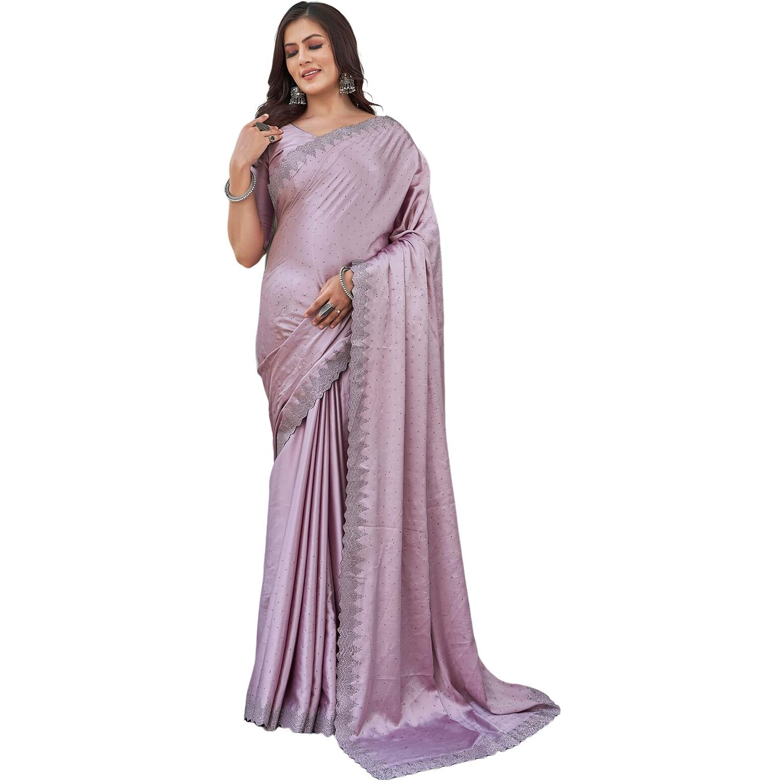 Satrani Women's Satin Hot Fixing Border Embellished Saree With Unstitched Blouse Piece (3762S387N_Light Pink)