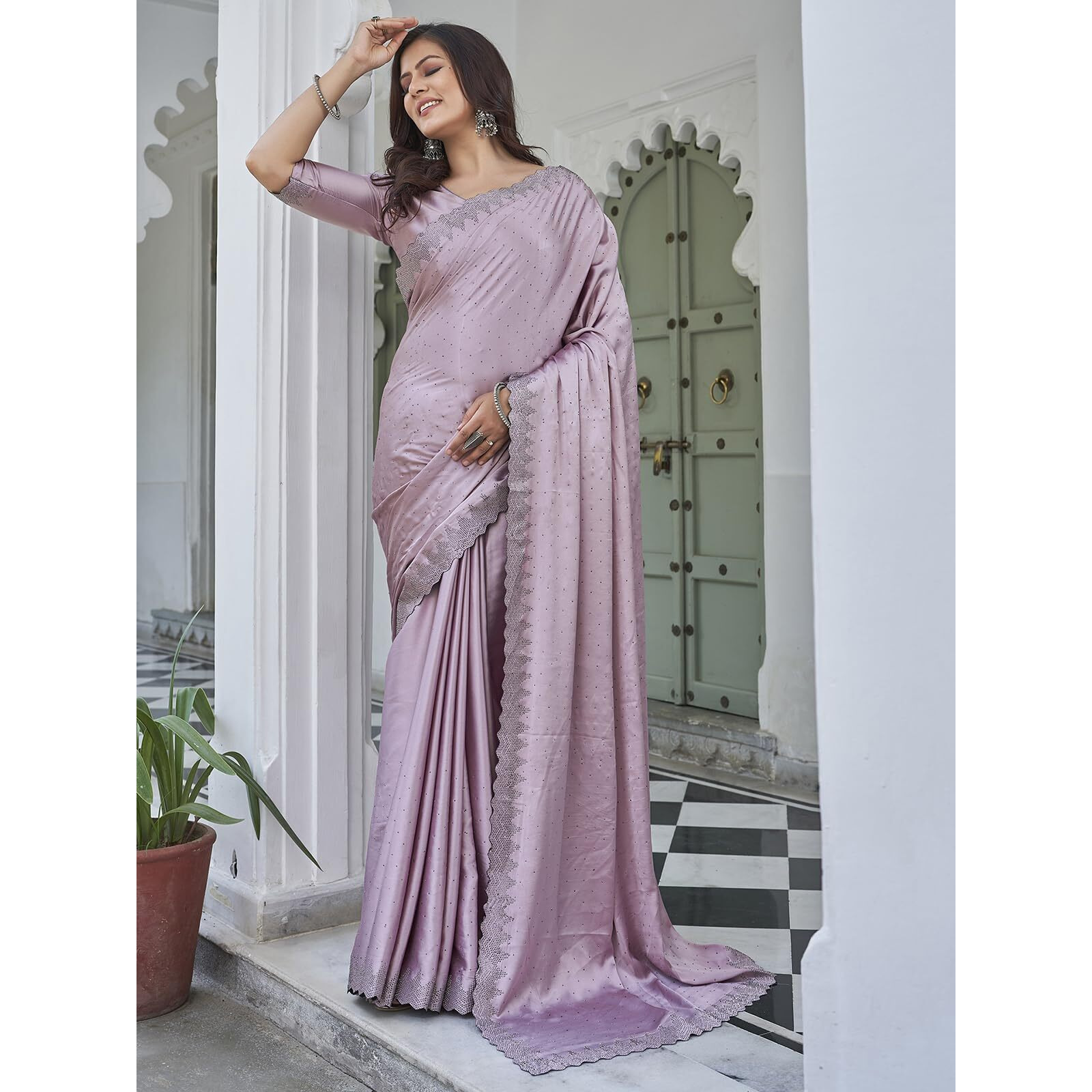 Satrani Women's Satin Hot Fixing Border Embellished Saree With Unstitched Blouse Piece (3762S387N_Light Pink)
