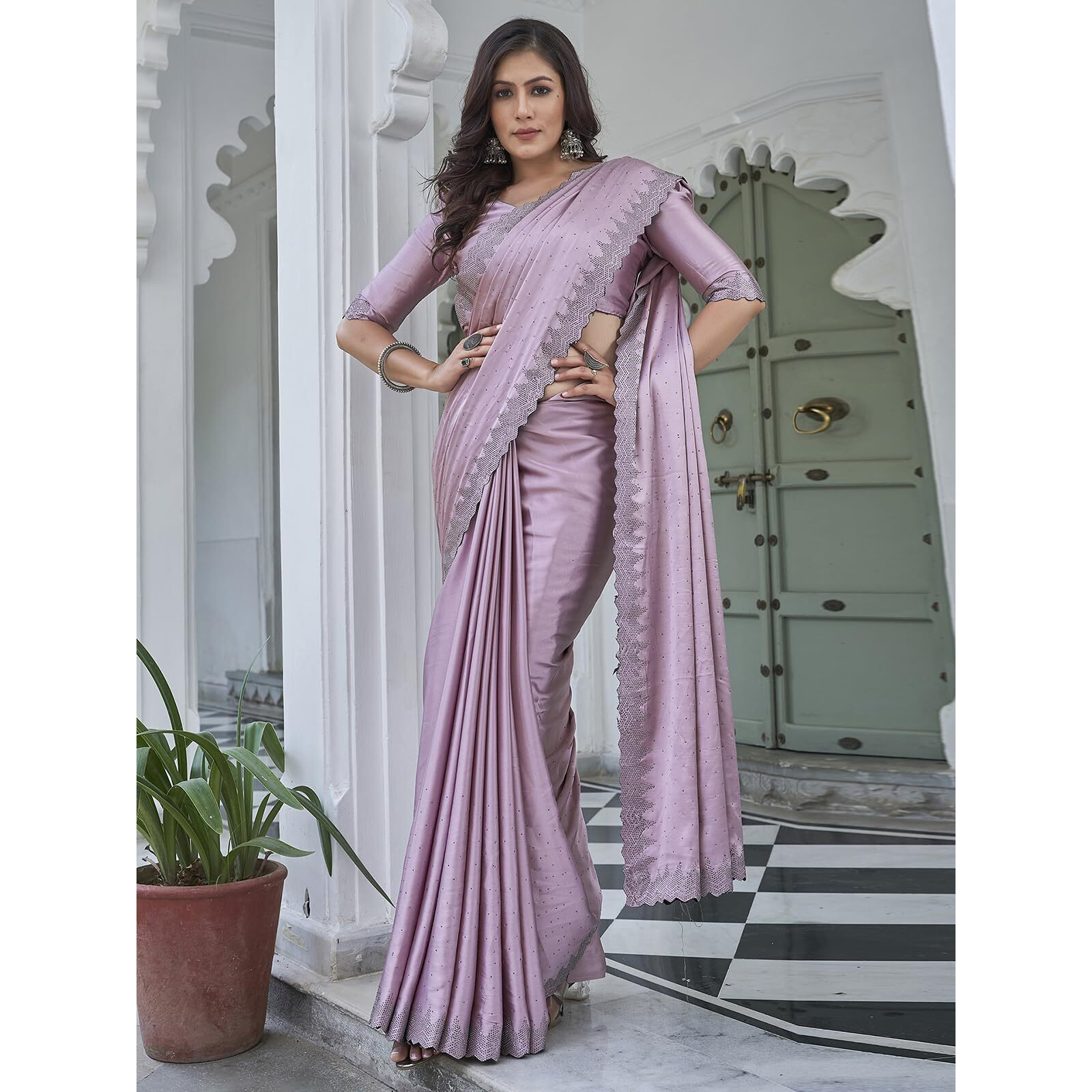 Satrani Women's Satin Hot Fixing Border Embellished Saree With Unstitched Blouse Piece (3762S387N_Light Pink)