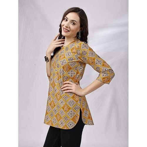Shienzy Women's Rayon Checkered Regular Kurta Top (Shz1454_Yellow_M)