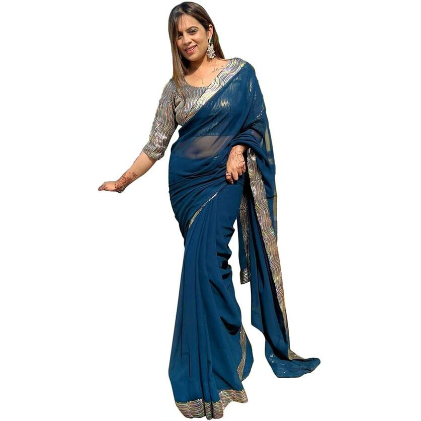 Satrani Women's Georgette Embroidery Lace Saree With Unstitched Blouse Piece (3148S109N_Navy Blue)
