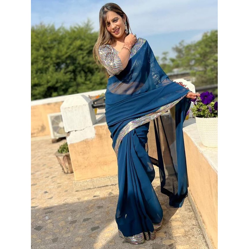 Satrani Women's Georgette Embroidery Lace Saree With Unstitched Blouse Piece (3148S109N_Navy Blue)